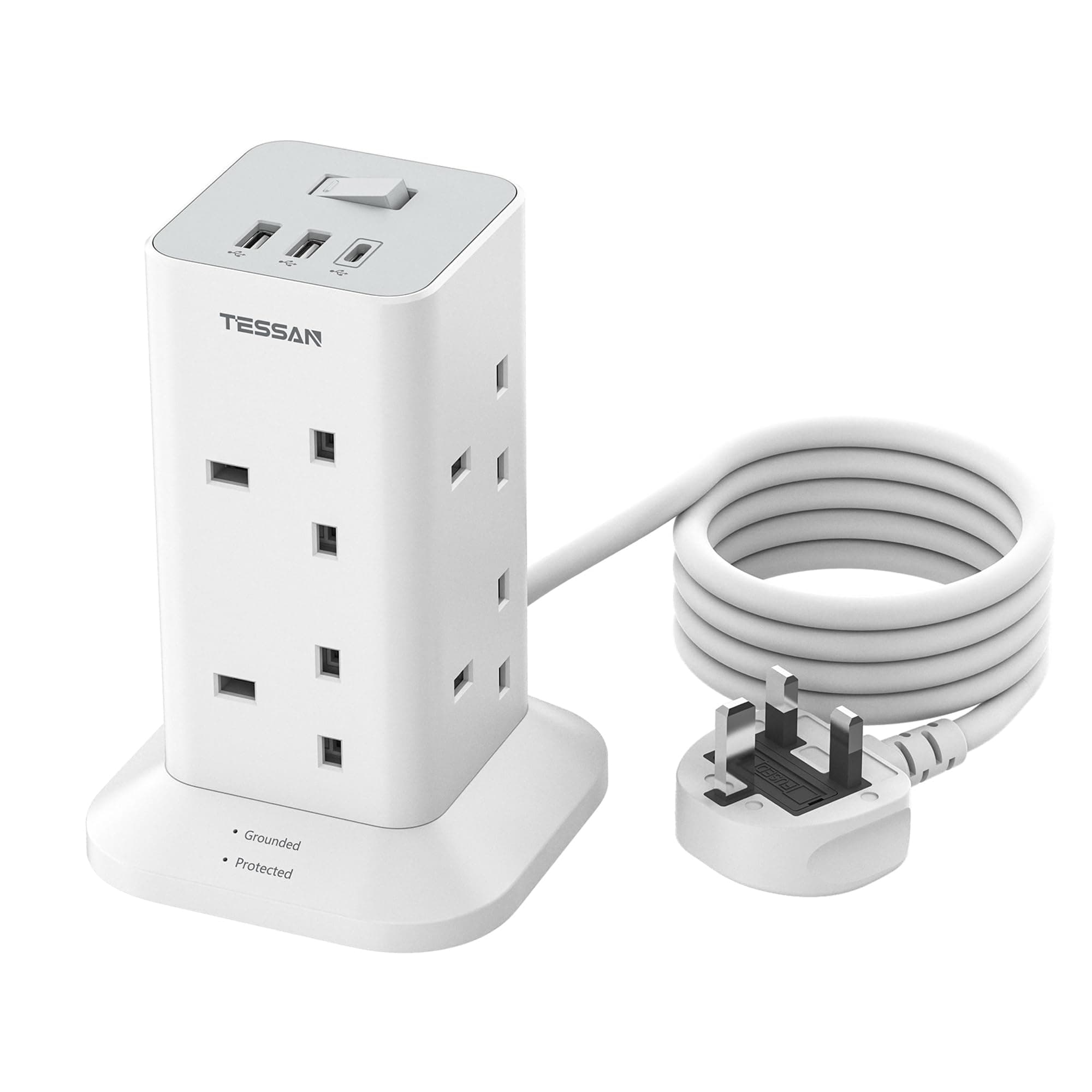 Tower Extension Lead with USB C Slots, TESSAN 8 Way Multi Plug Extension Socket 2M Cable, Surge Protected Power Strip with Switch, MultiPlug Adaptor for Home, School Supplies