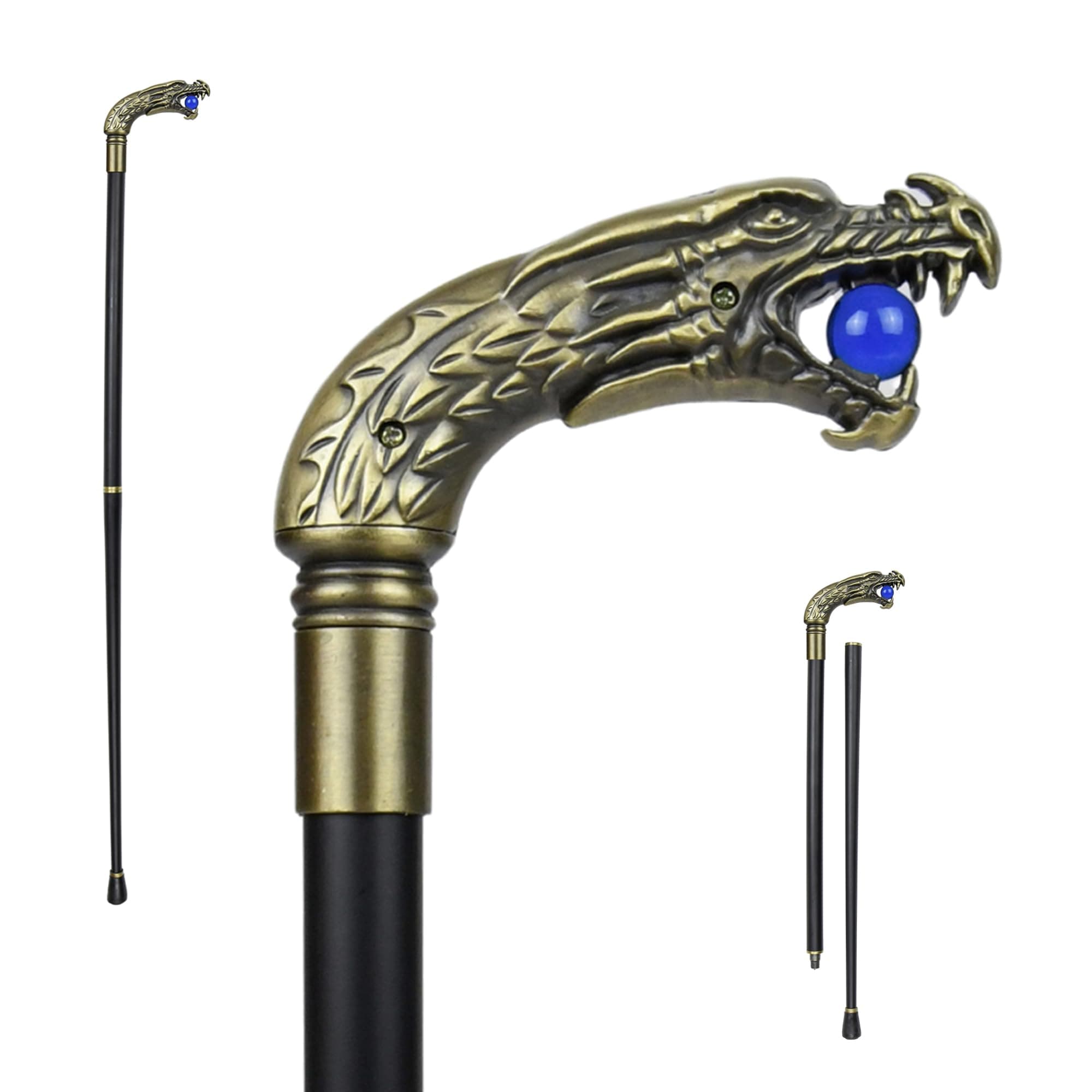 Dragon Head Gothic Walking Stick Cane - Walking Sticks for Men, Seniors Balance - Collapsible 2 pc Travel Canes For Mobility, Stability, Knee Support - Elderly Assistance Products -36.5" Golden Dragon