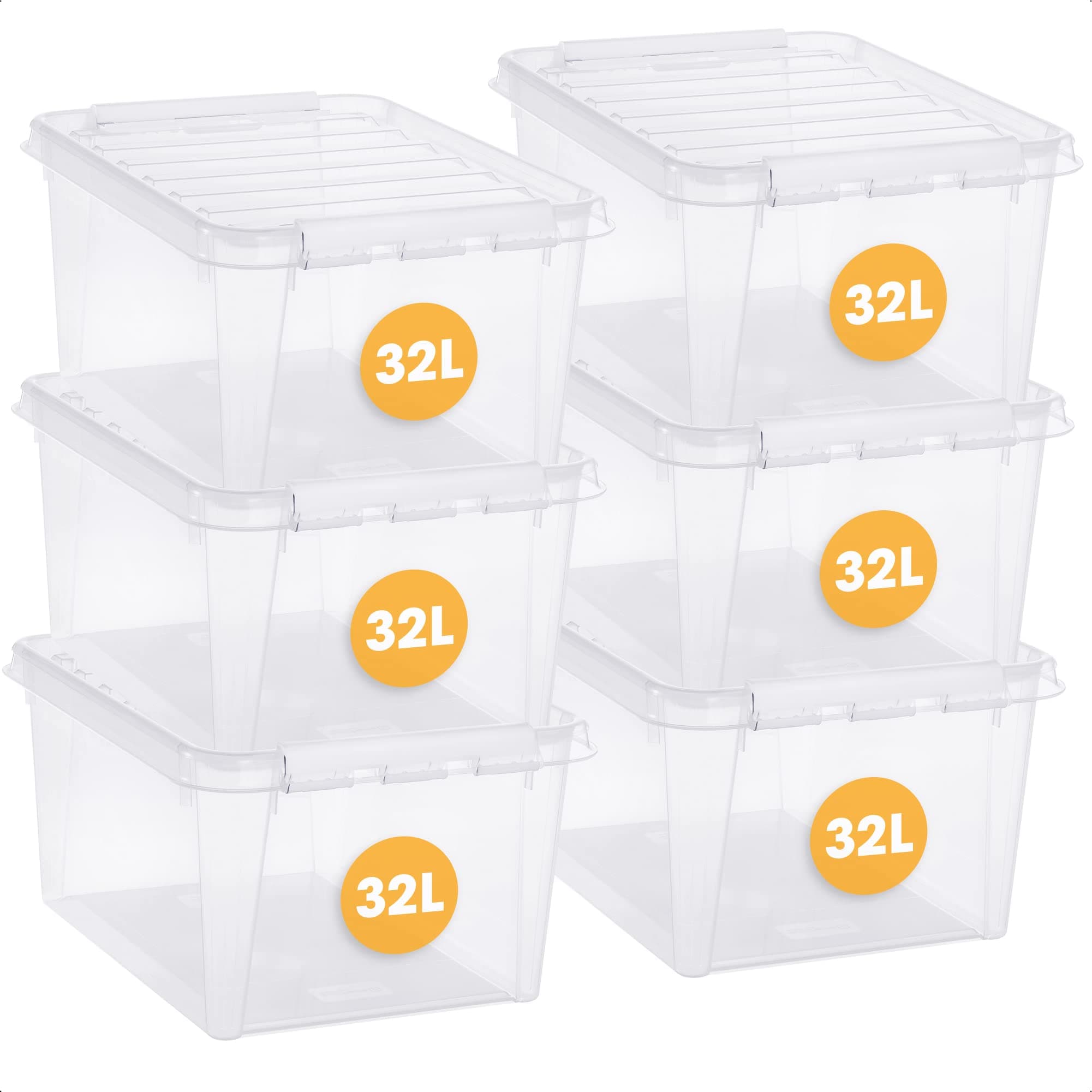 SmartStore32L Clear Plastic Storage Boxes with Lids - Set of 6 - Transparent - Stackable and Nestable - 10 Year Guarantee- Food Safe and BPA Free - white Clip Locked - L50 x W39 x H26 cm, (3510141RP)