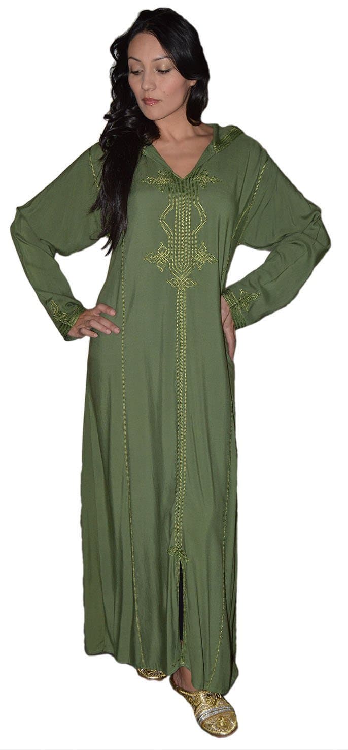 Moroccan Caftans Women Hand Made Djellaba Embroidered Size Extra Large Green