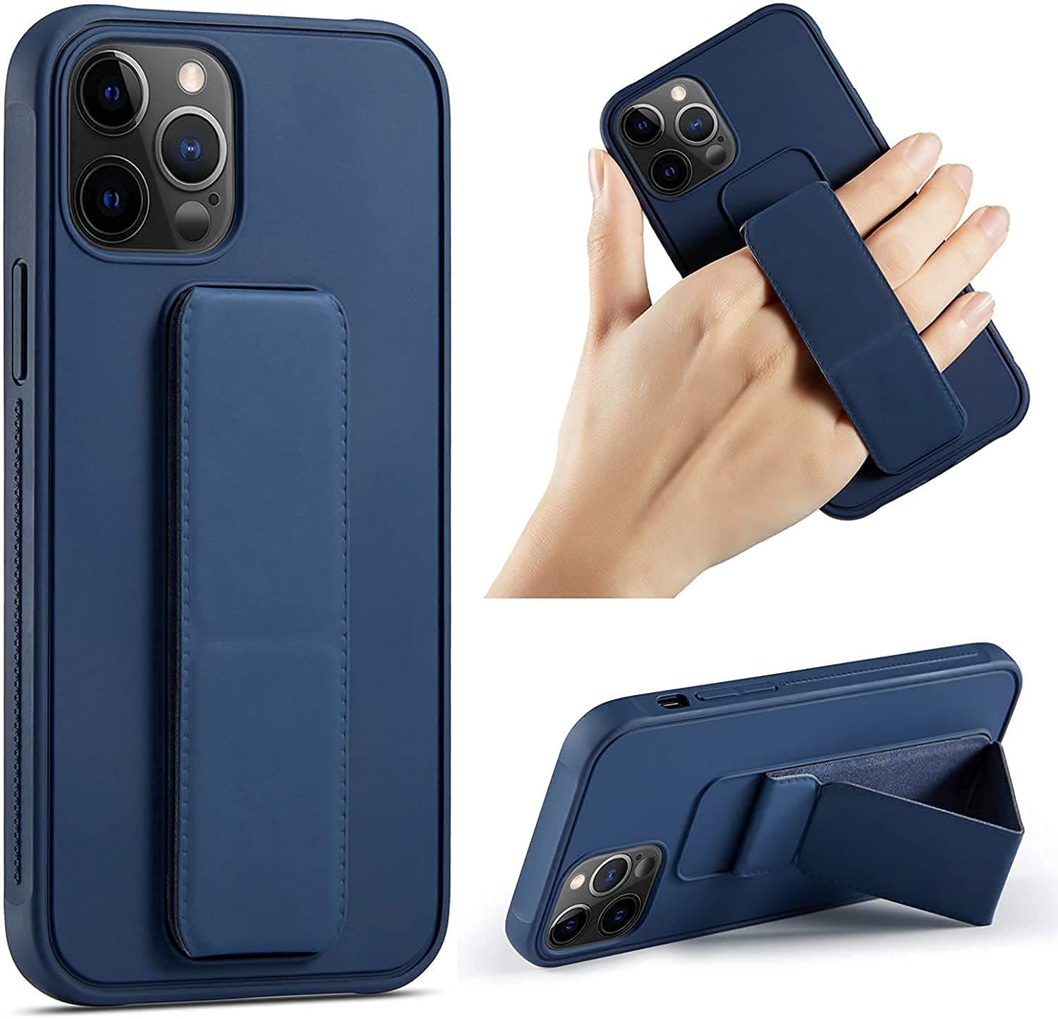 compatible with iPhone 13 pro max 6.7" Case with Magnetic Stand & Holder, Premium Silicone Vertical horizontal Hand Strap Grip Multi Stand, Car Mount Kickstand Case Cover (Deep Blue)