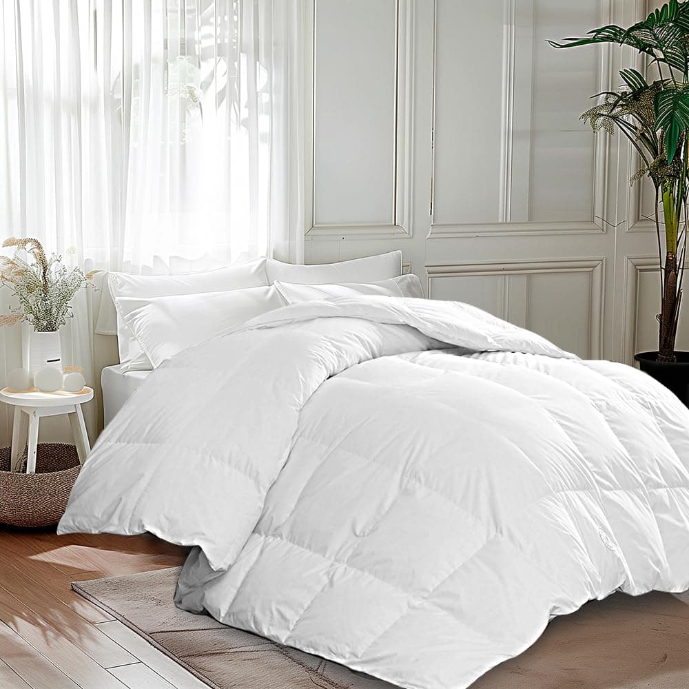 Martha Stewart White Goose King Size Feathers Down Fiber Comforter, 100% Cotton Duvet Insert King, Hotel Luxury Hypoallergenic Comforter 68oz All Season Medium Warmth 106 x 90 Inch