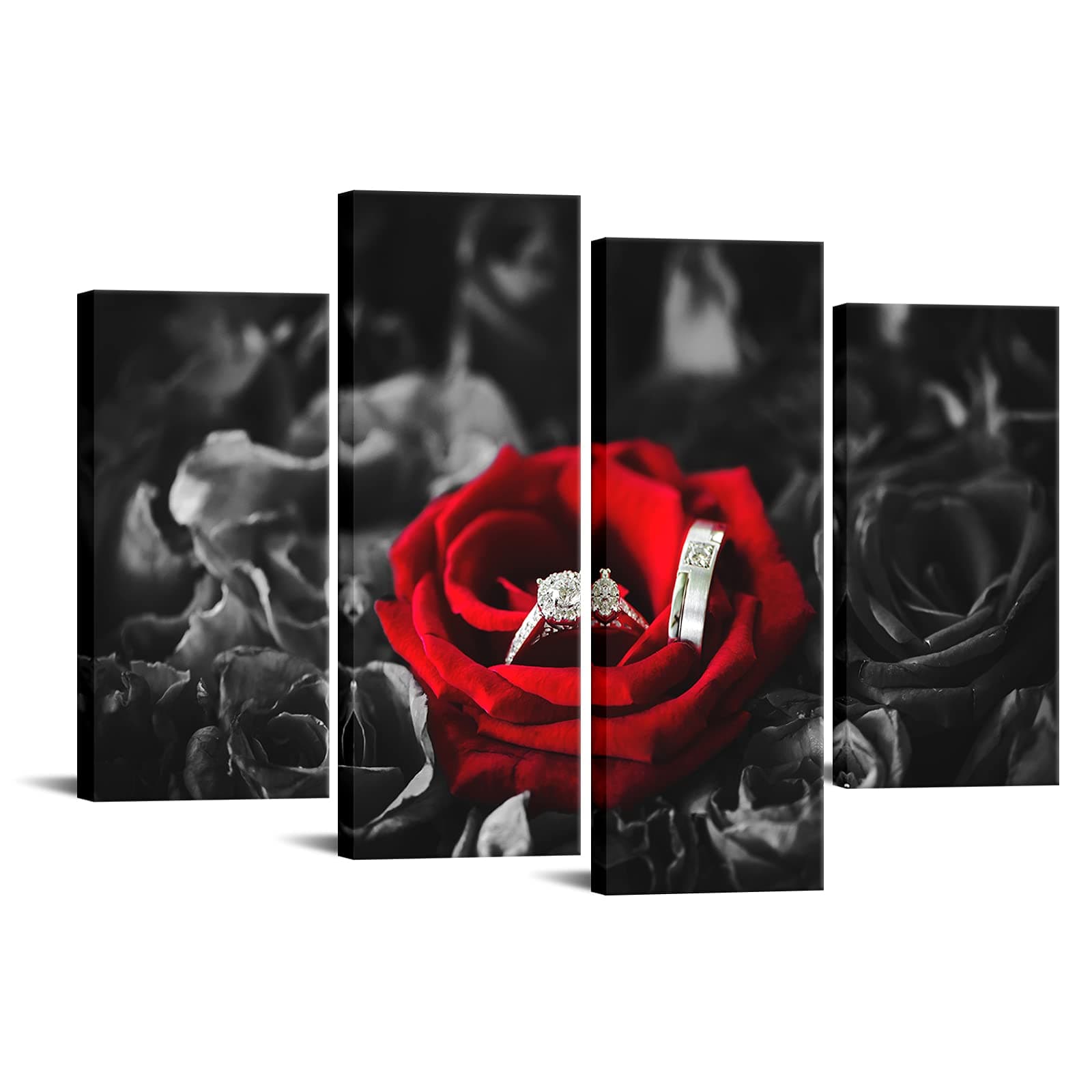 sechars - Black White and Red Wall Art Wedding Rings on Red Roses Poster Canvas Print Stretched Ready to Hang Romantic Picture for Bedroom Wall Valentine's Day gift