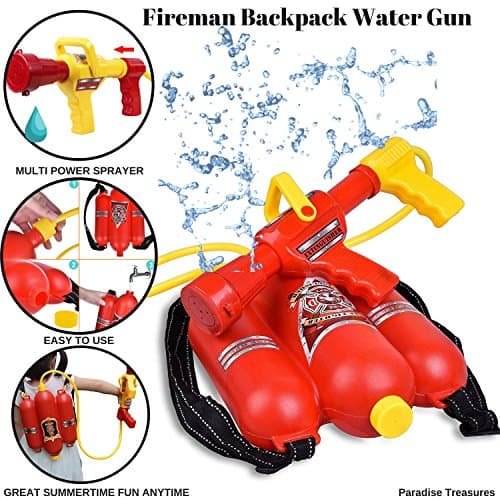 Paradise Treasures Fireman Backpack Water Gun Blaster with 2 Modes to Squirt Water Gun Beach Toy and Outdoor Sports Toy