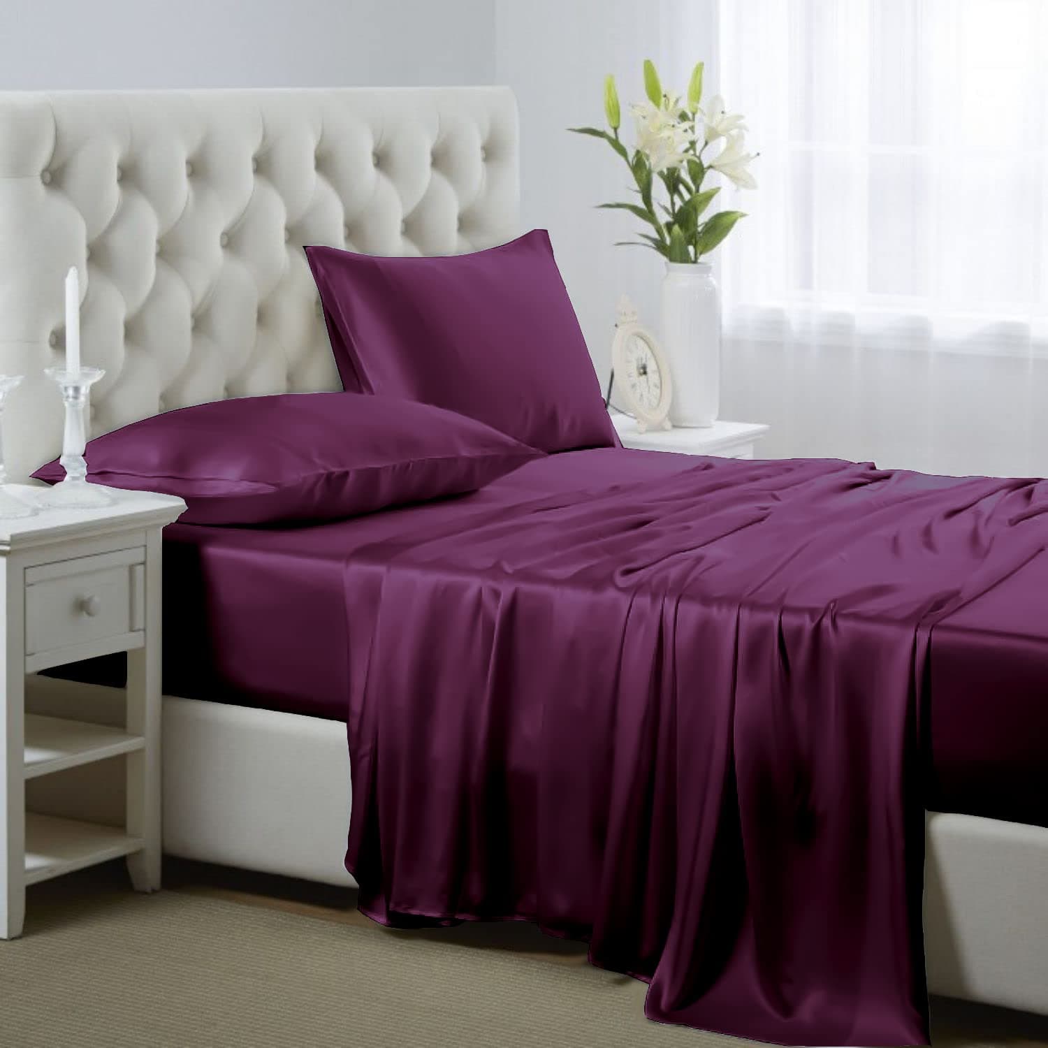 Lanest Housing Silk Satin Sheets, King Size Satin Bed Sheet Set with Deep Pockets, Cooling Soft and Hypoallergenic Satin Sheets King - Purple