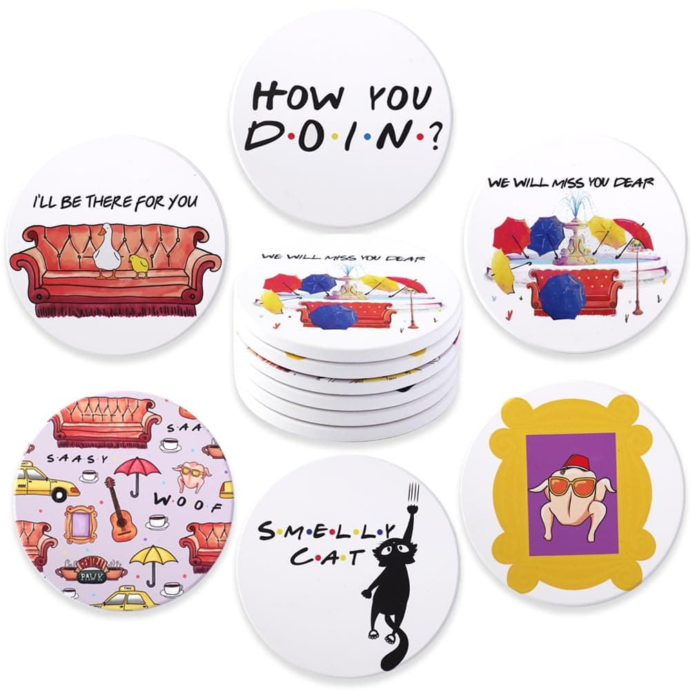 Friends Coasters for Drinks Set of 6, Absorbent Ceramic Stone Funny Coaster for Kinds of Coffee Cups Wooden Table Kitchen Housewarming Decor