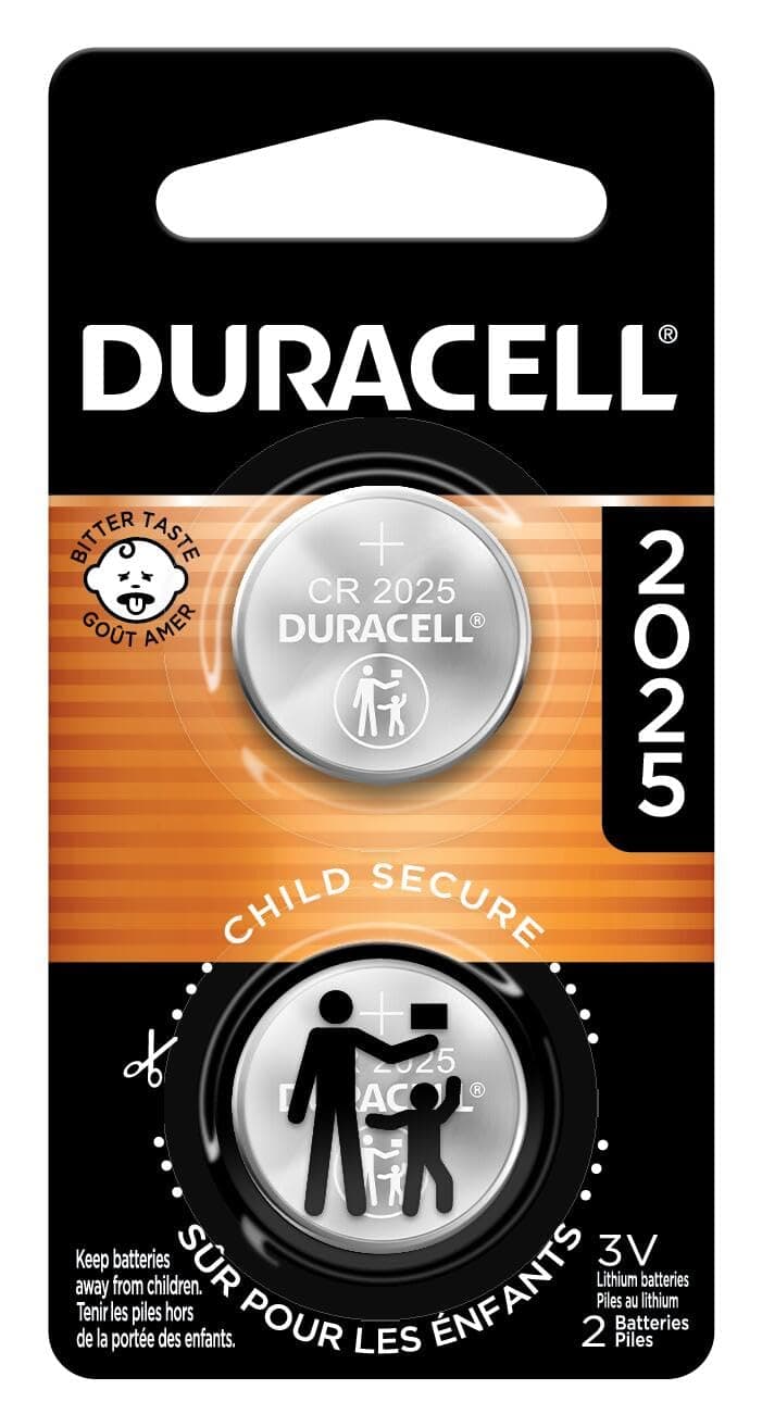 Duracell CR2025 3V Lithium Battery, Child Safety Features, 2 Count Pack, Lithium Coin Battery for Key Fob, Car Remote, Glucose Monitor, 3 Volt Cell