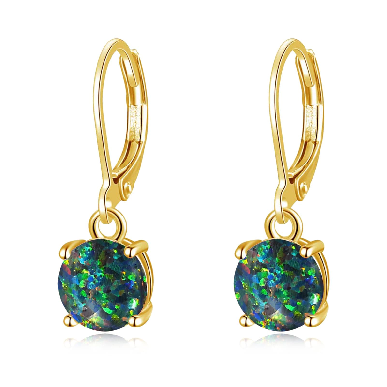 CiNily Round-Cut Opal Dangle Earrings, Green Fire Opal Rhodium Plated Women Jewelry Leverback Gemstone Drop Earrings