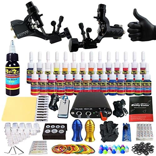 Professional Complete Tattoo Kit 2 Top Rotary Machine Gun 28 Color Ink 20 Needles Power Supply