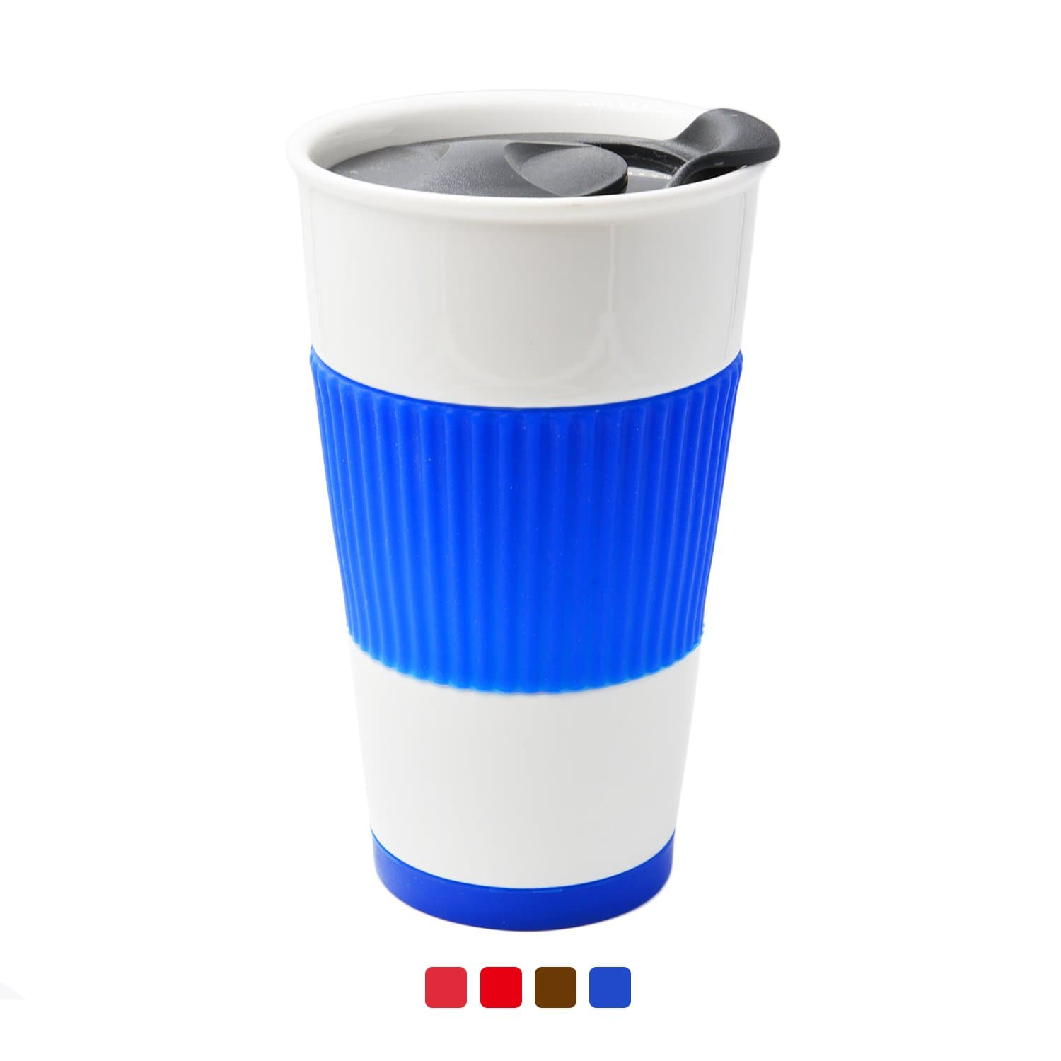 Ceramic Double Wall Insulated Travel Coffee Cup with Slider Lid, Silicone Sleeve & Built-In Coaster, 10 fl.oz (Blue)