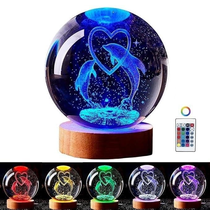 3D Dolphin Crystal Ball Lamp with Light Changing Wooden Base, Solar System Night Light, Dolphin Lamp Ball, 3D Crystal Ball, Use for Birthday, Gifts, Teens with Remote (Dolphin - 16 Color)