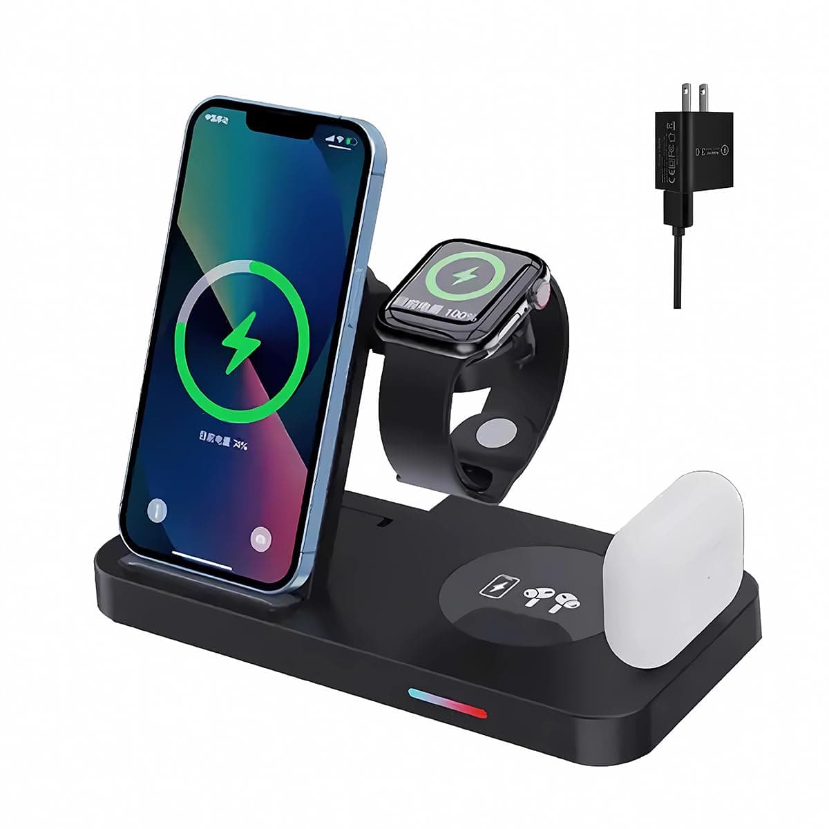 4-in-1 Fast Wireless Charging Station for iPhone16/15/14/13, Apple Watch Ultra/9/8, AirPods Pro,18W Qi-Certified (with QC3.0 Adapter)