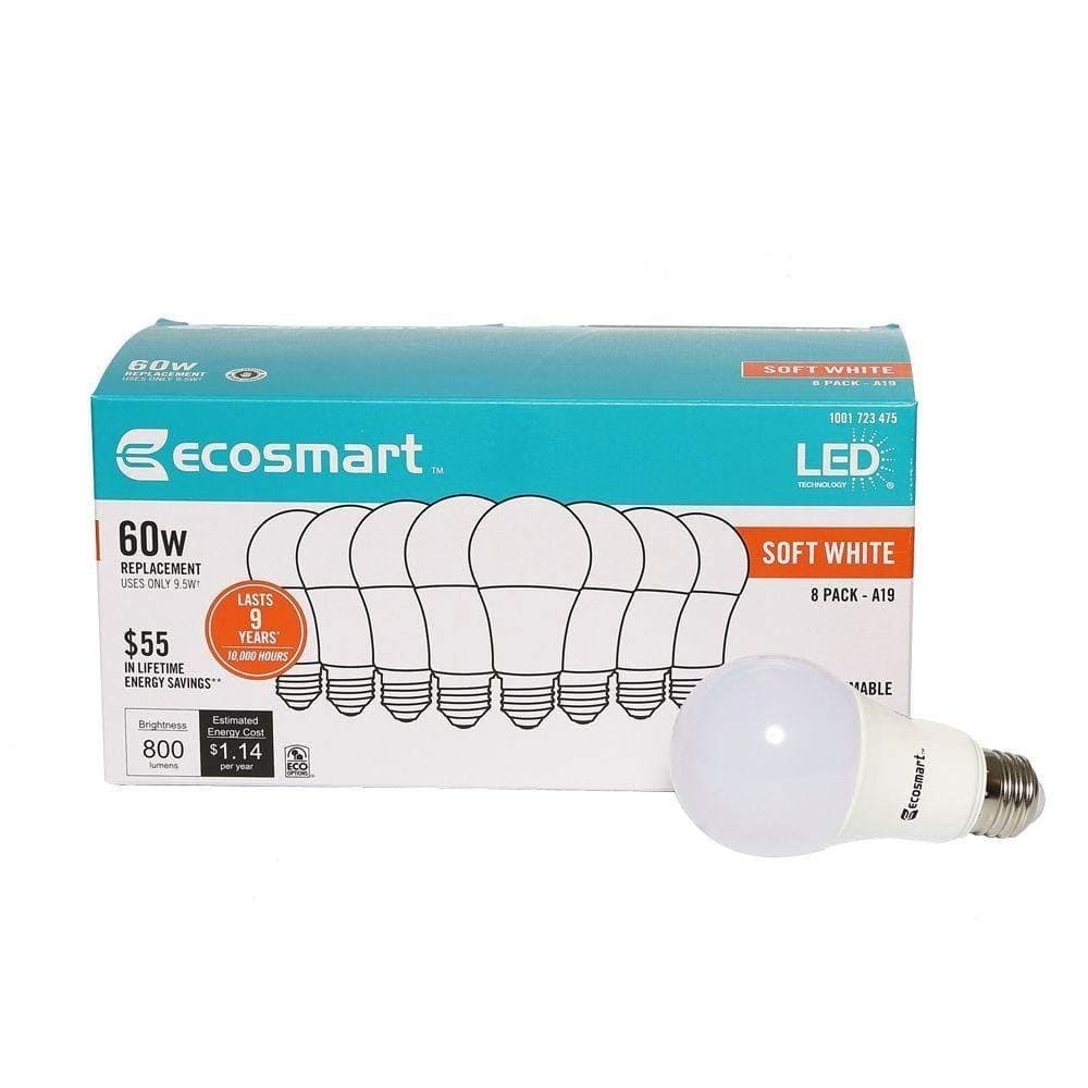EcoSmart 9.7 Watt (60W Equivalent) Soft White A19 Non-Dimmable LED Light Bulb 1 Box (8 Bulbs Total)