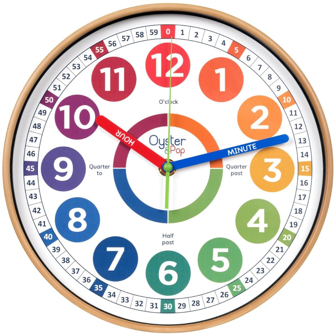 OysterandPop Learning Clock For Kids-Telling Time Teaching Clock-Kids Bedroom & Playroom Wall Decor-School Classroom Teacher Supplies-Silent Analog Kids Clock-Learn To Tell Time Easily, Multicolor