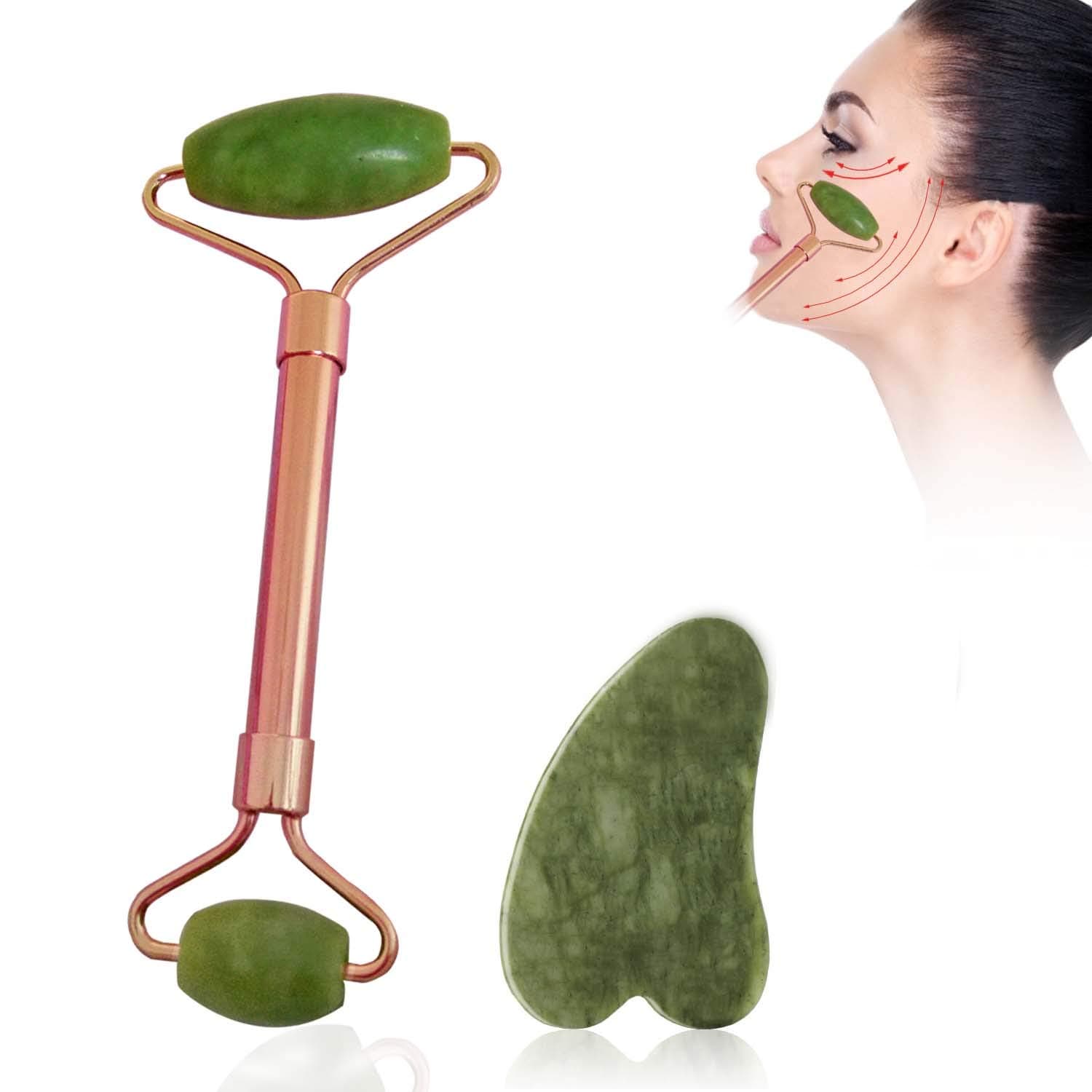 Jade Roller and Gua Sha Scraping Massage Tool, Ahomal Anti-Aging Natural Facial Jade Stone Set, Face Eye Neck Roller for Slimming, Firming, Skin Care, Rejuvenate Skin, Remove Wrinkles