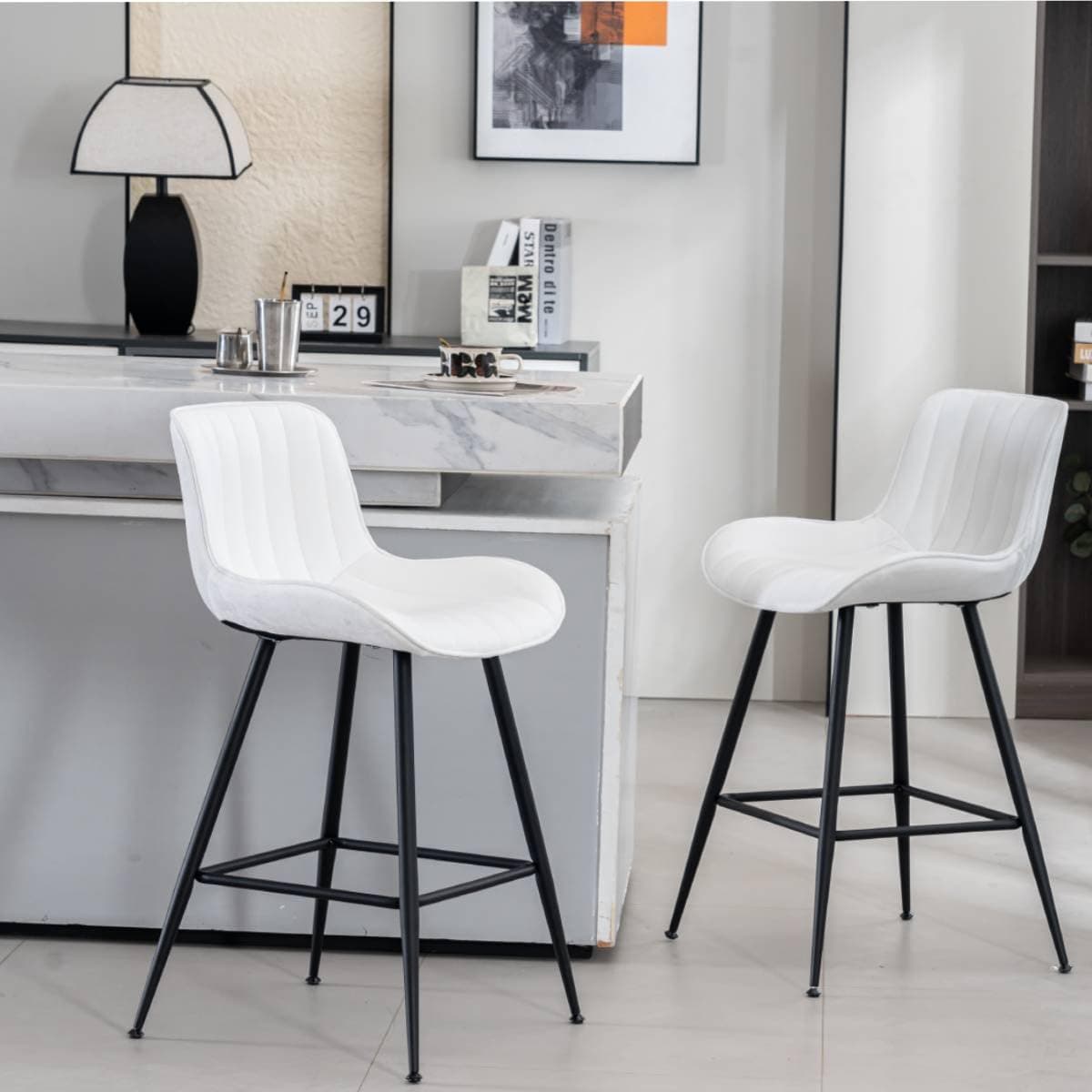 24’’ Bar Stools Set of 2 Modern Barstools White Bar Stools with Velvet Upholstery Counter Height Bar Stools with Low Back Stools for Kitchen Counter, Bar, Pub, Cafe (White).