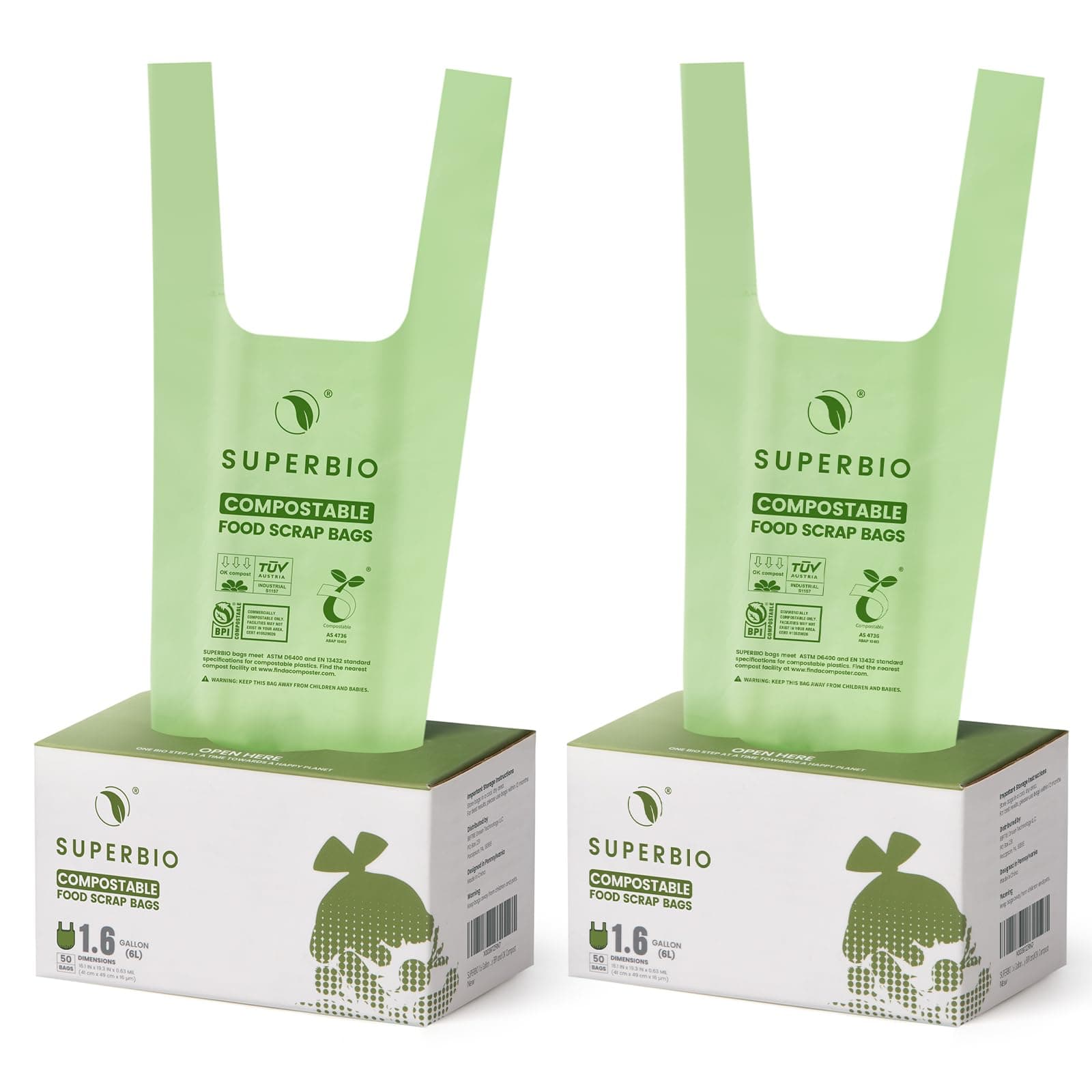 1.6 Gallon Handle Tie Compostable Food Scrap Bags, Small Compost Bags with Handles, 50 Count, 2 Pack, BPI & OK compost INDUSTRIAL