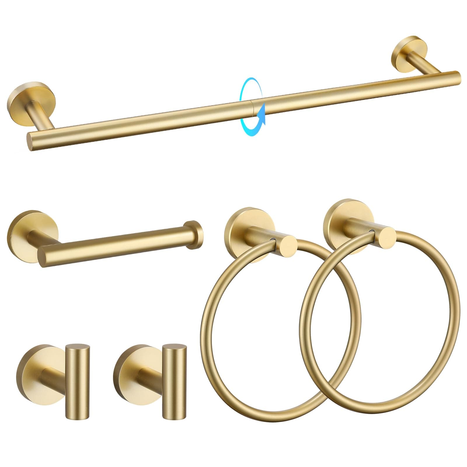 TQKAG Brushed Gold Bathroom Hardware Set 6-Piece Bathroom Accessory Set 23.6 Inch Round Stainless Steel Towel Bar Set Wall Mounted
