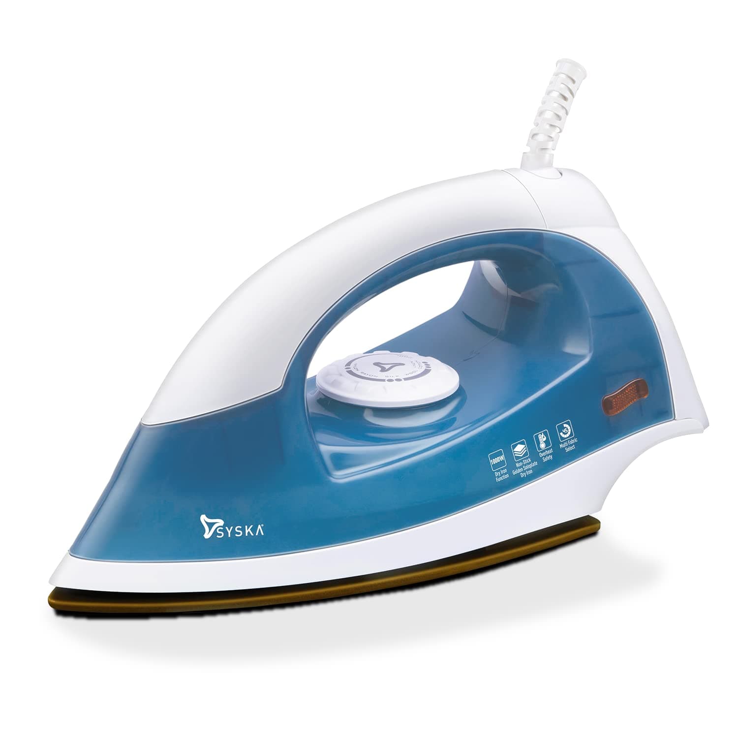 SYSKA Dry Iron 1000 Watt has Non-Stick Soleplate, Overheat Safety, Multi Fabric Selection with 360° Swivel Cord for Wrinkle Free Clothes - Teal, 1000 watts, ceramic