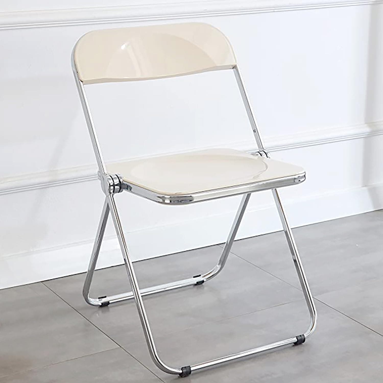 Luxury Modern Acrylic Folding Chair Transparent Chairs-Ghost Stackable Crystal Folding Chair-PC Plastic Living Room Seat-Chrome Frame and Foldable Acrylic Chair for Outside Inside-White