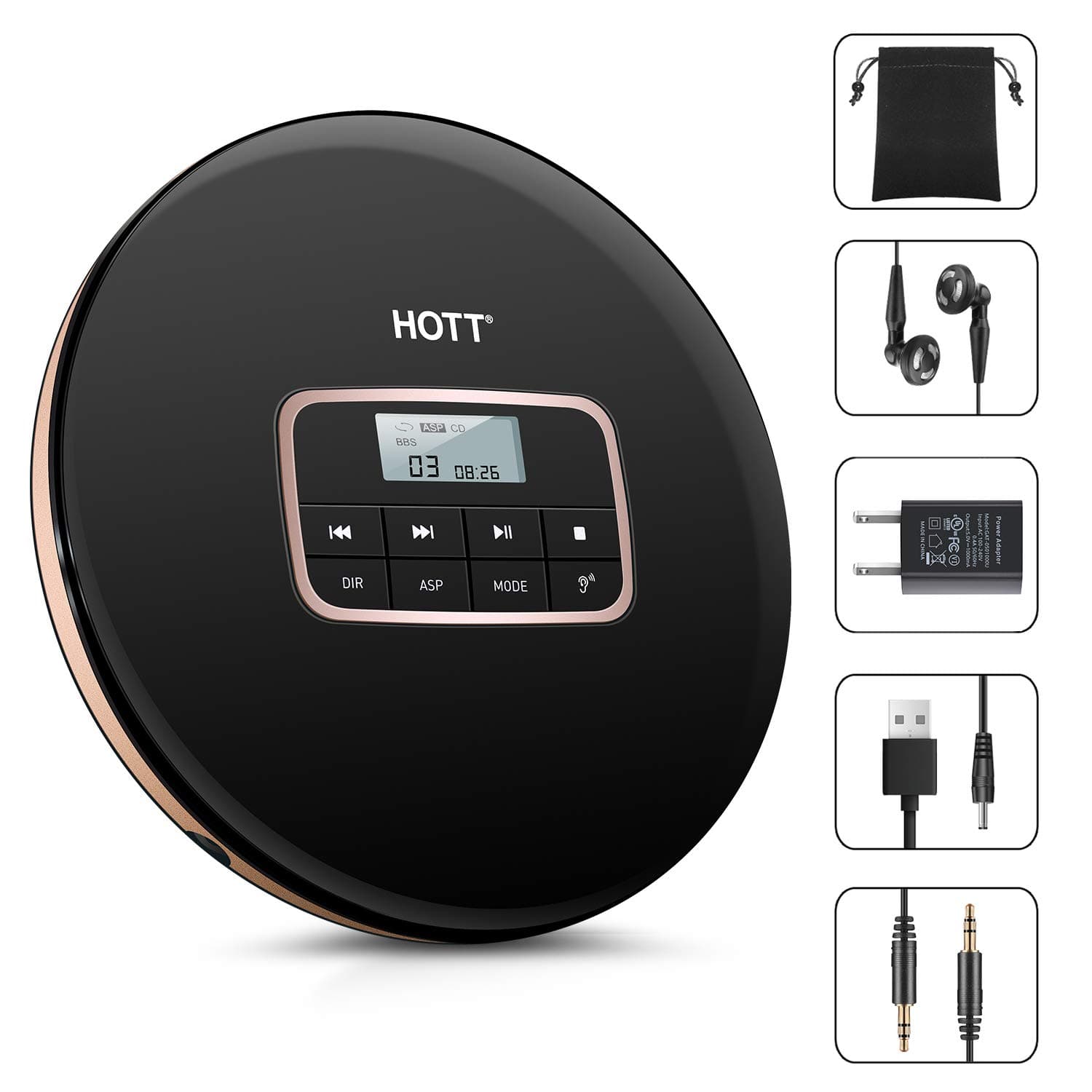 Portable CD Player, HOTT Personal Compact Disc Player with Headphones and Power Adapter, Compact Walkman with Electronic Skip Protection Anti-Shock Function