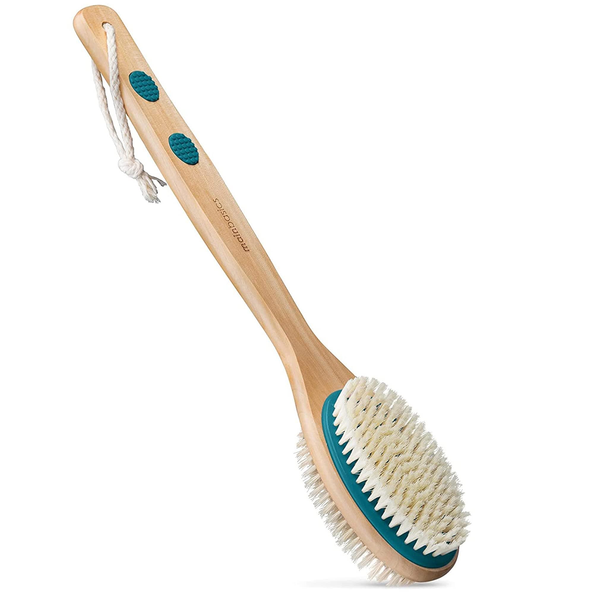 MainBasics Back Scrubber Shower Brush Long Handle Dual Sided Body Brush with Exfoliating Soft Bristles for Back Scrubbing Deep Cleaning and Body Wash (Teal)