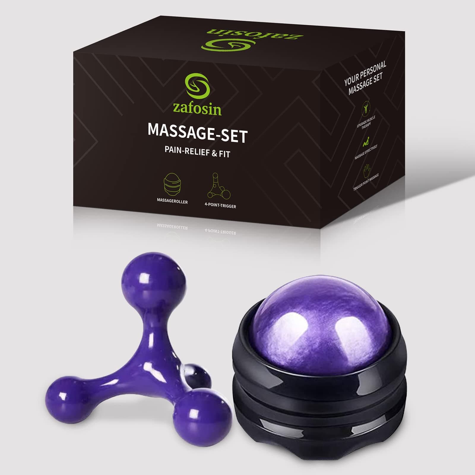 Massage Set Including Manual Massage Ball & Four Trigger Point Finger Hand-Held Massage Tools Roller with Knobs for Pain Relief Relaxing, Muscle Treatment and Back Neck (Purple)
