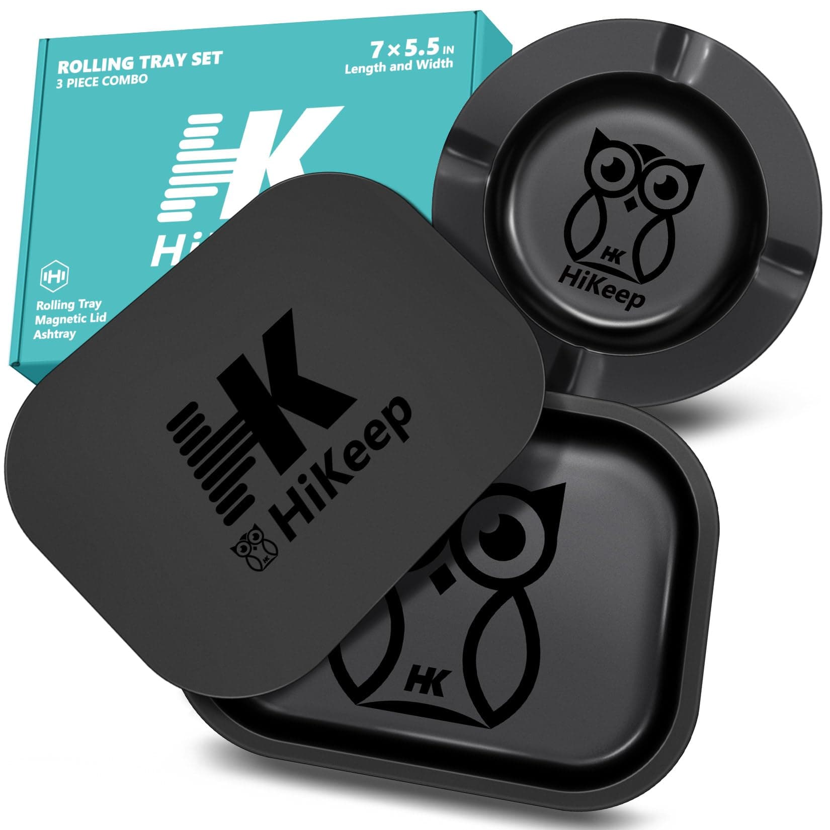 HiKeep Rolling Tray with PVC Soft Magnetic Lid - 7 x 5.5'', Ashtray - 5.8 x 5.8'' - Set of 3 (Owl Design)