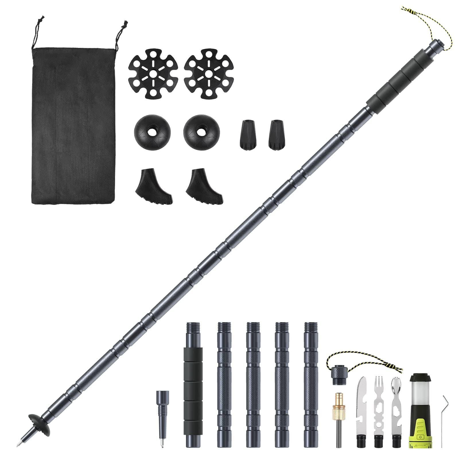 ITOKEY 17-in-1 Multitool Trekking Pole, Survival Hiking Walking Gear with Replaceable Baskets, Sand Rubber Tip, Flint Fire Starter Kit, Camping Lantern, Magnet, Can/bottle Opener, Whistle, Wrench