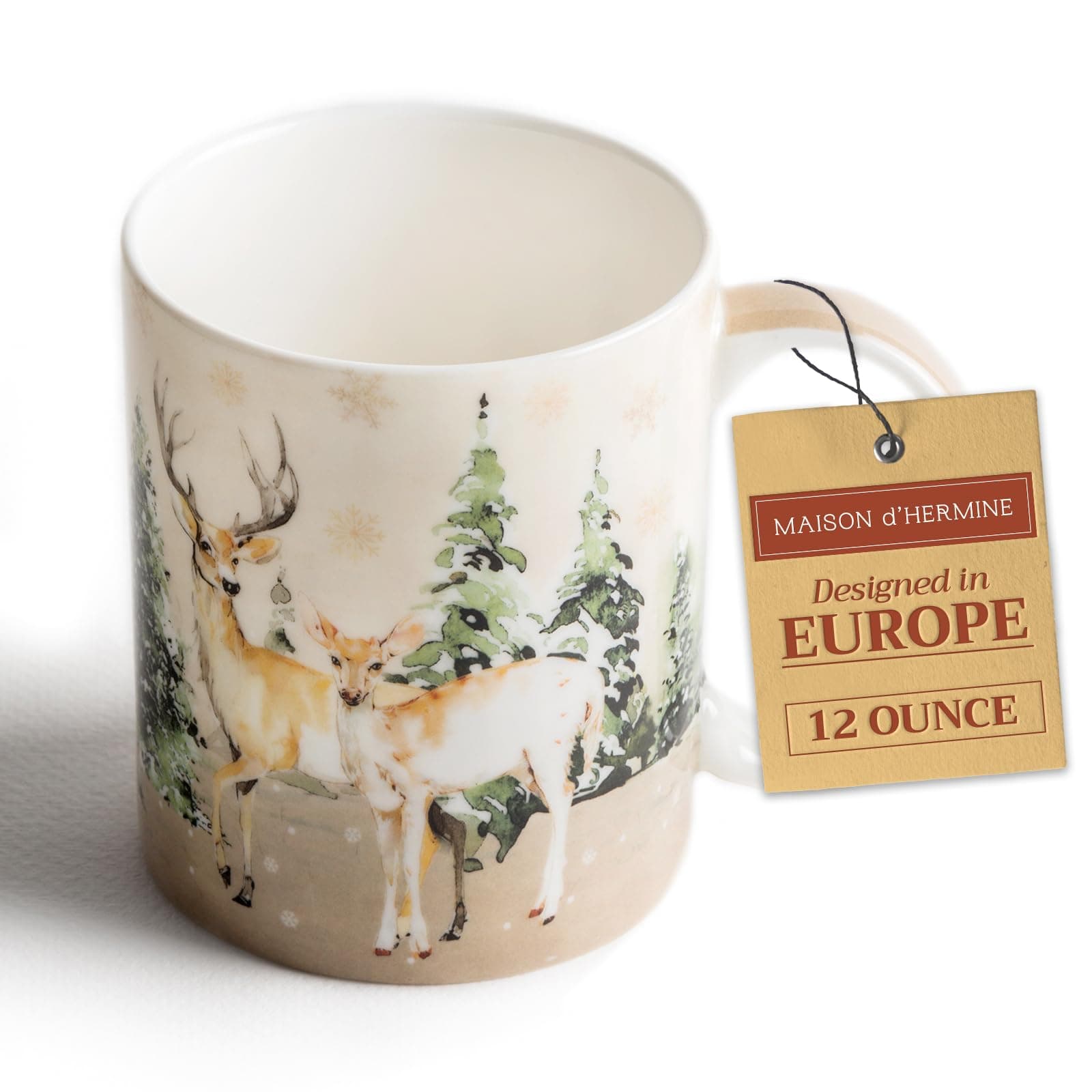 Maison d' Hermine Coffee Mug with Handles Fine Bone China Mugs Pack of One Tea Cups for Hot Beverages Cappuccino Latte Home Restaurant Easter Gifts (Deer In The Woods - Forest Deer, 12 Ounce)