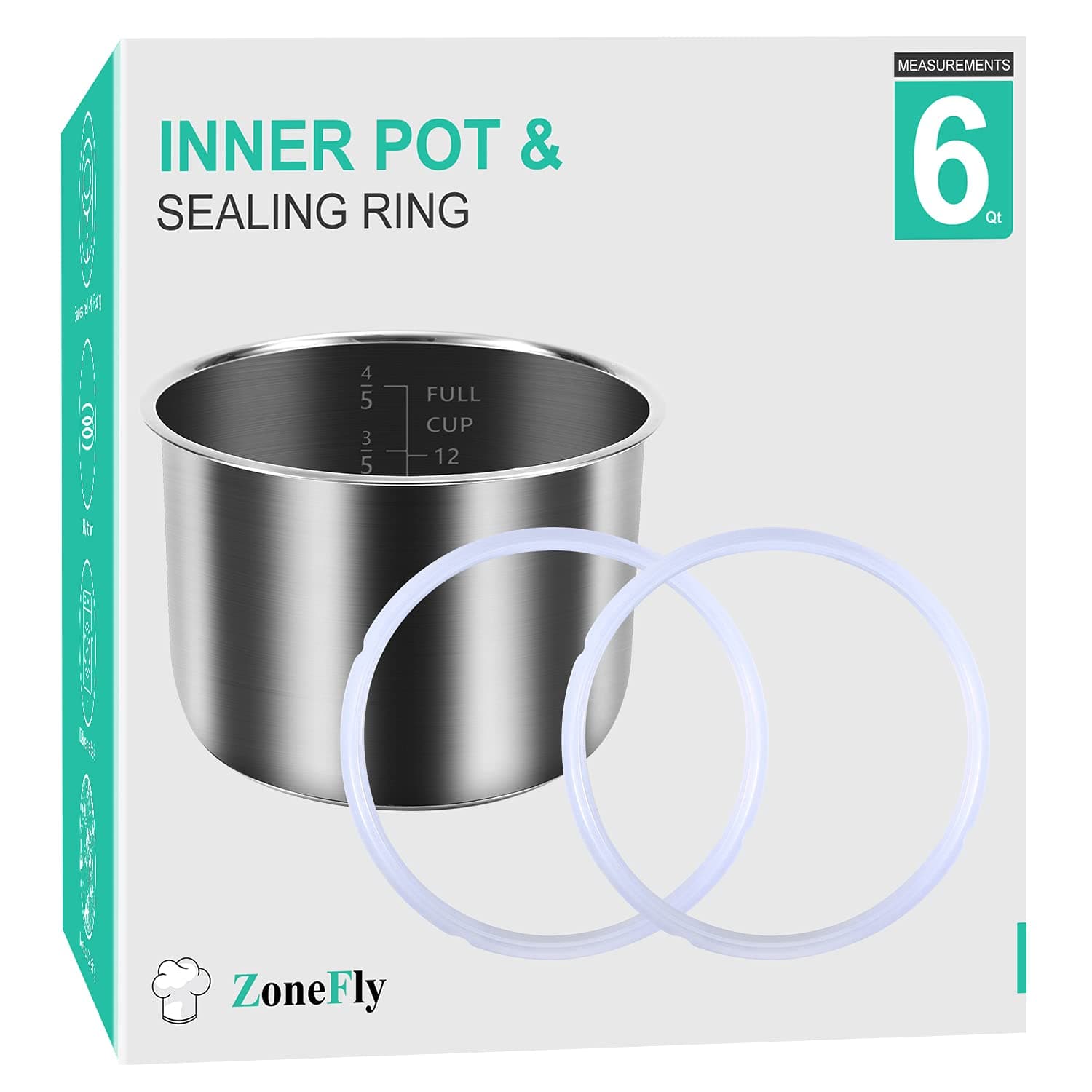 ZoneFly Original 6 Qt Power Cooker XL Replacement Inner Pot with 2 Pack Sealing Ring for Power Pressure Cooker PPC770 PPC771 PRO PCXL-PRO6 PCTR-16 YBD60-100 WAL1 WAL2