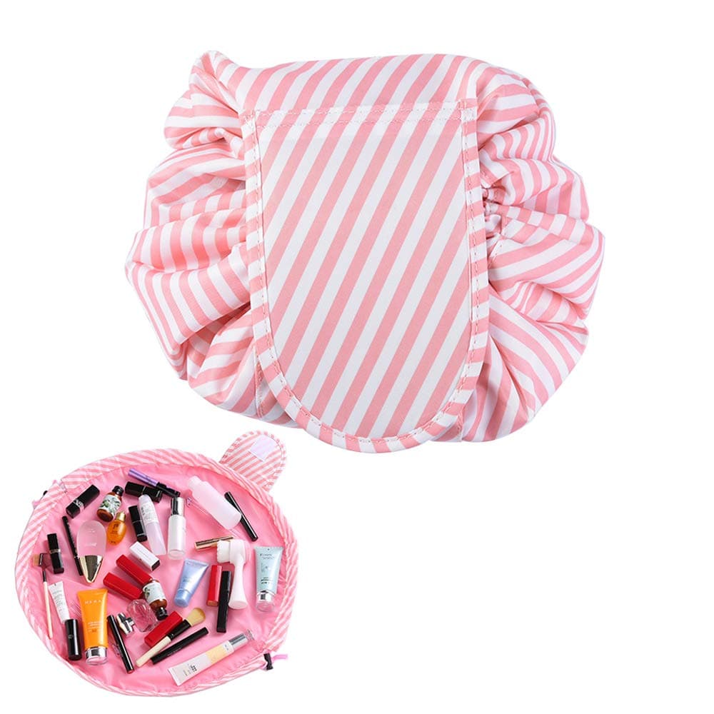 Portable Lazy Drawstring Cosmetic Bag, AUERVO Large Capacity Lazy Makeup Toiletry Bag Fashion Multifunction Pouch Travel Storage Organizer Quick Pack Waterproof For Women Girl (Stripe)