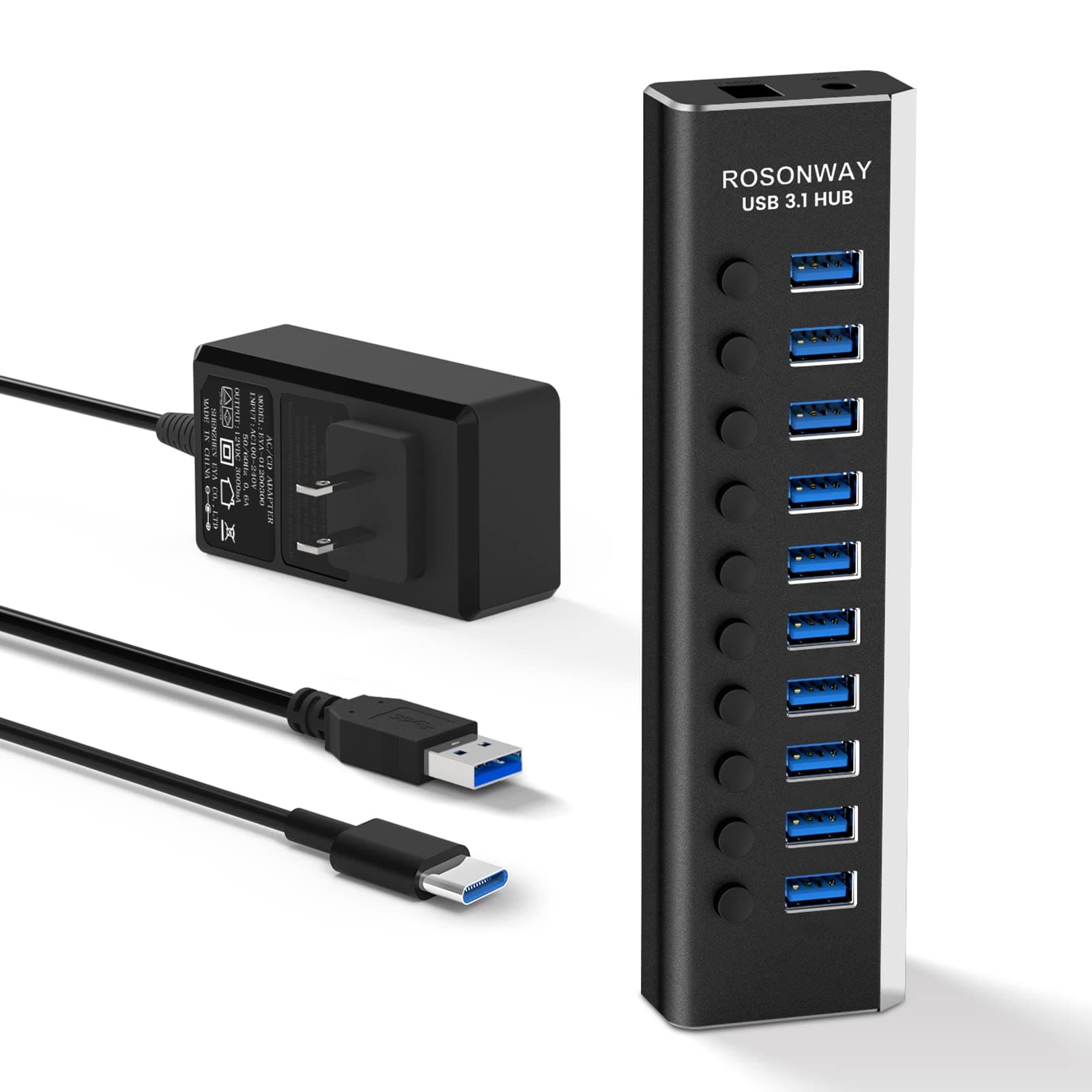 Rosonway Powered USB Hub, 10 Port USB 3.1 Hub 10Gbps with 36W (12V/3A) Power Adapter, Type A and Type C Cables, Aluminum USB C Hub Splitter for PC and Laptop (RSH-A10S)