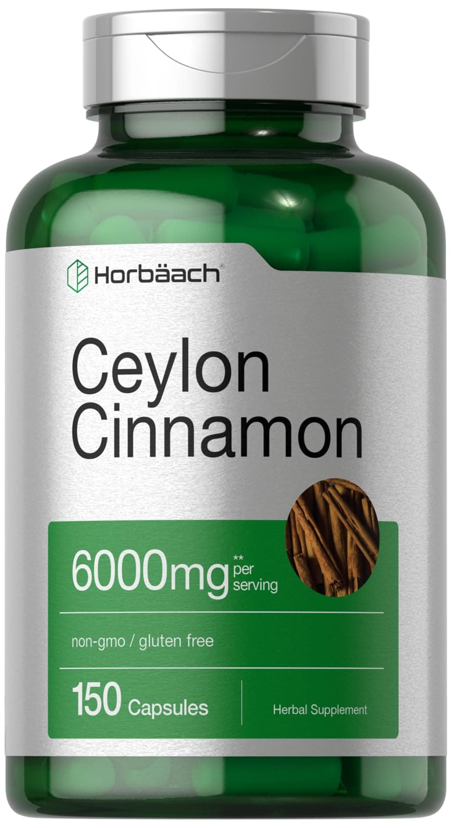 Horbäach Ceylon Cinnamon Supplement | 150 Capsules | Herbal Extract Pills | Non-GMO & Gluten Free