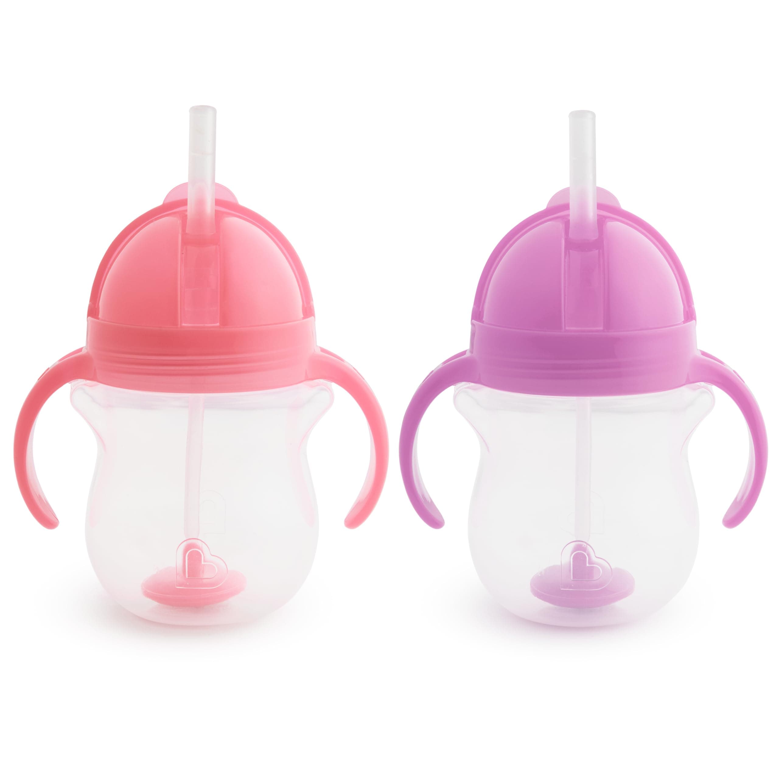 Munchkin Any Angle Sippy Cups for Toddlers, Spill Proof Weighted Straw Cup with Transition Handles for Babies 6 Months and Up, 7 Ounce, 2 Pack, Pink/Purple
