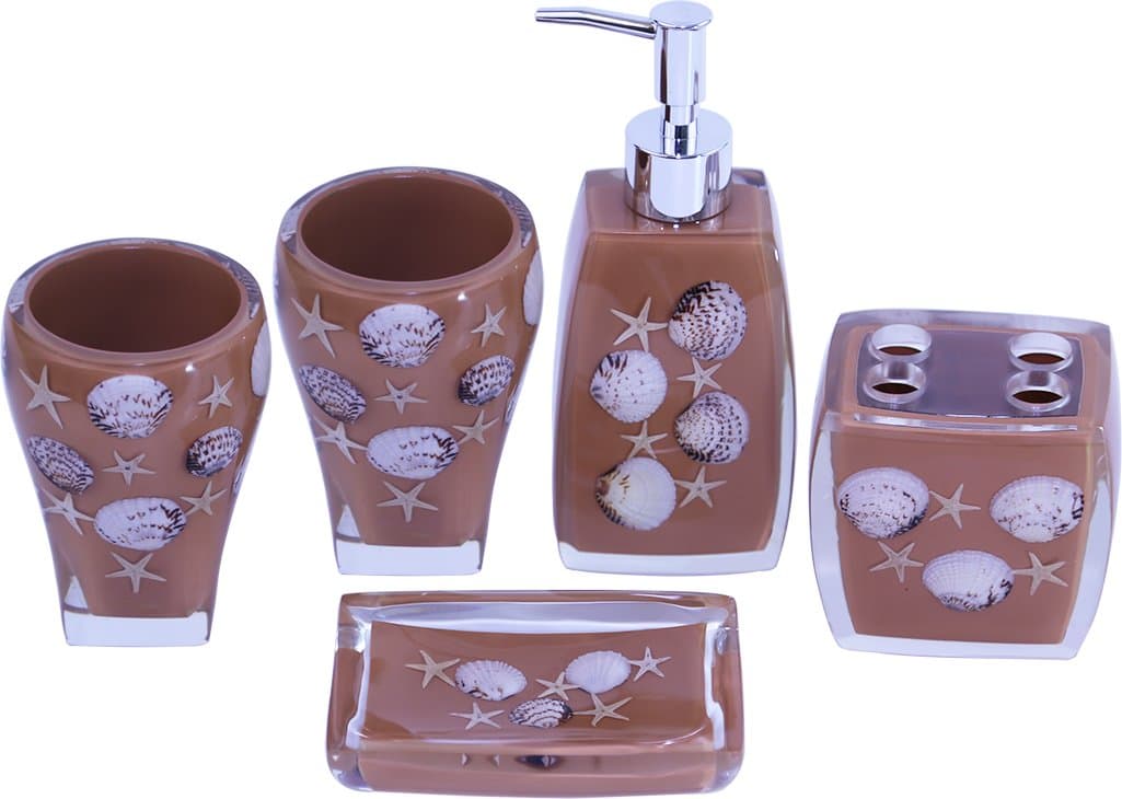 5-Piece Brown Sea Bathroom Accessories Sets Complete Bath Ensemble of 2 Tumblers, Soap/Lotion Dispenser Pump Bottle, Toothbrush Holder, and Soap Dish