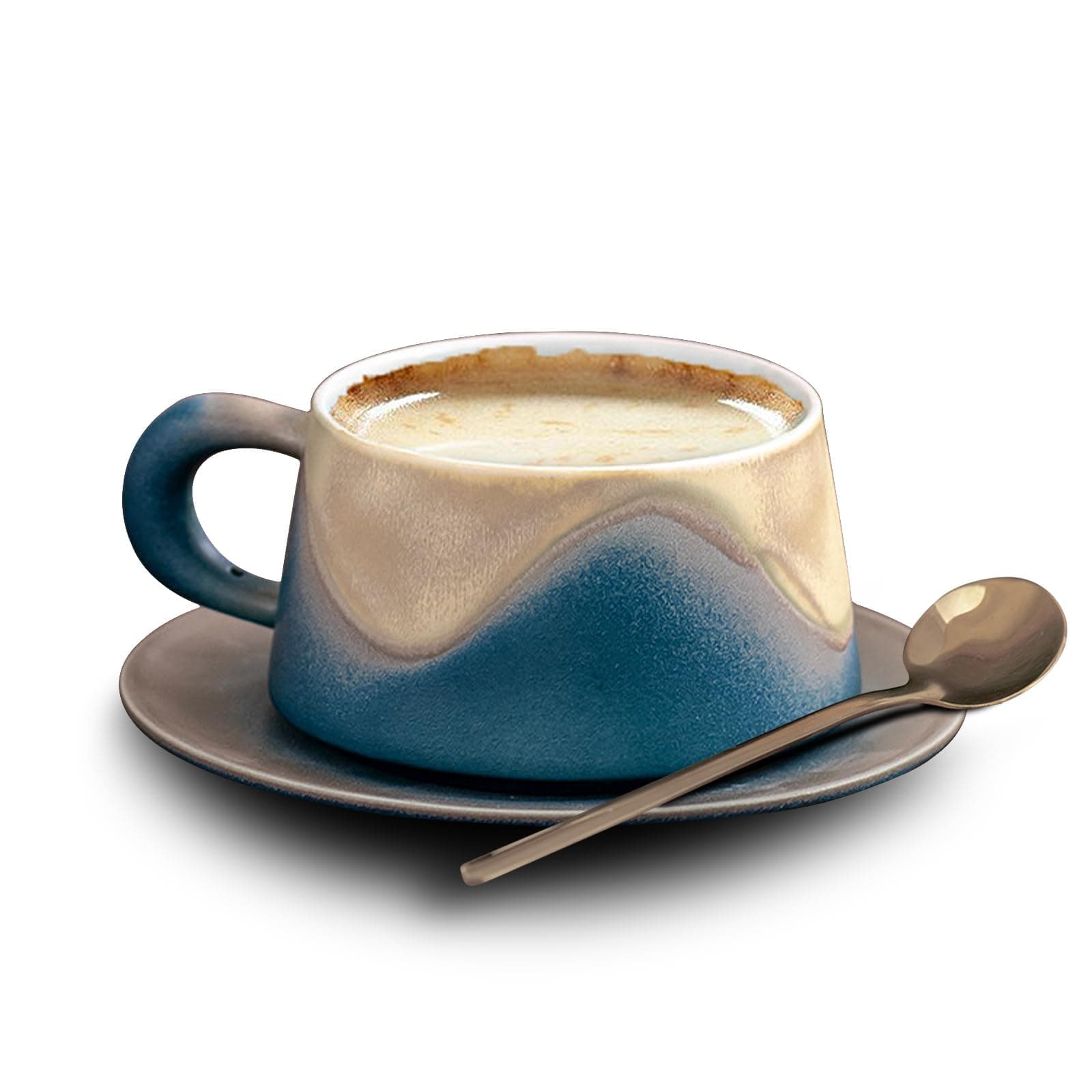 Large Stoneware Coffee Mug Set, 8.5oz Ceramic Cappuccino Cup with Saucer & Spoon, Premium Glazed Porcelain for Latte, Espresso, Tea & Mocha, Dishwasher Safe Gift (Blue)