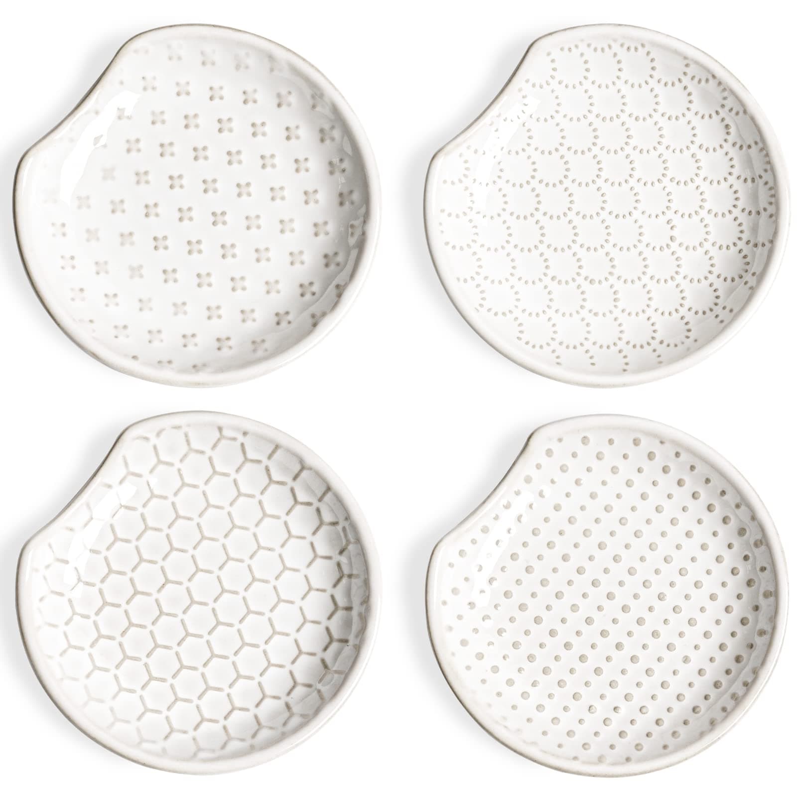 LE TAUCI Ceramic Spoon Rests for Stove Top, Set of 4 Modern Farmhouse Spoon Holder for Kitchen Counter & Coffee Bar, 4.8 Inch Heat Resistant Utensil Rest for Cooking, Embossed, White