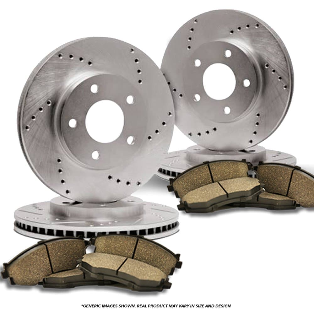 (Front+Rear Kit)(High-End) 4 Cross-Drilled Disc Brake Rotors + 8 Ceramic Pads