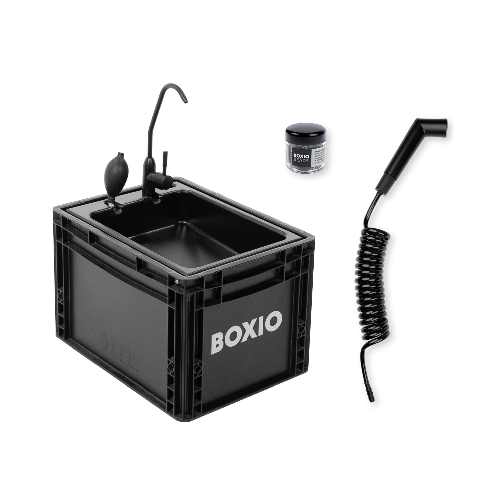 BOXIO - WASH Plus: Mobile Sink With Shower Head, Mirror & Cleaning Beads - for Van, Camping, Garden - Tap, Plastic, Black