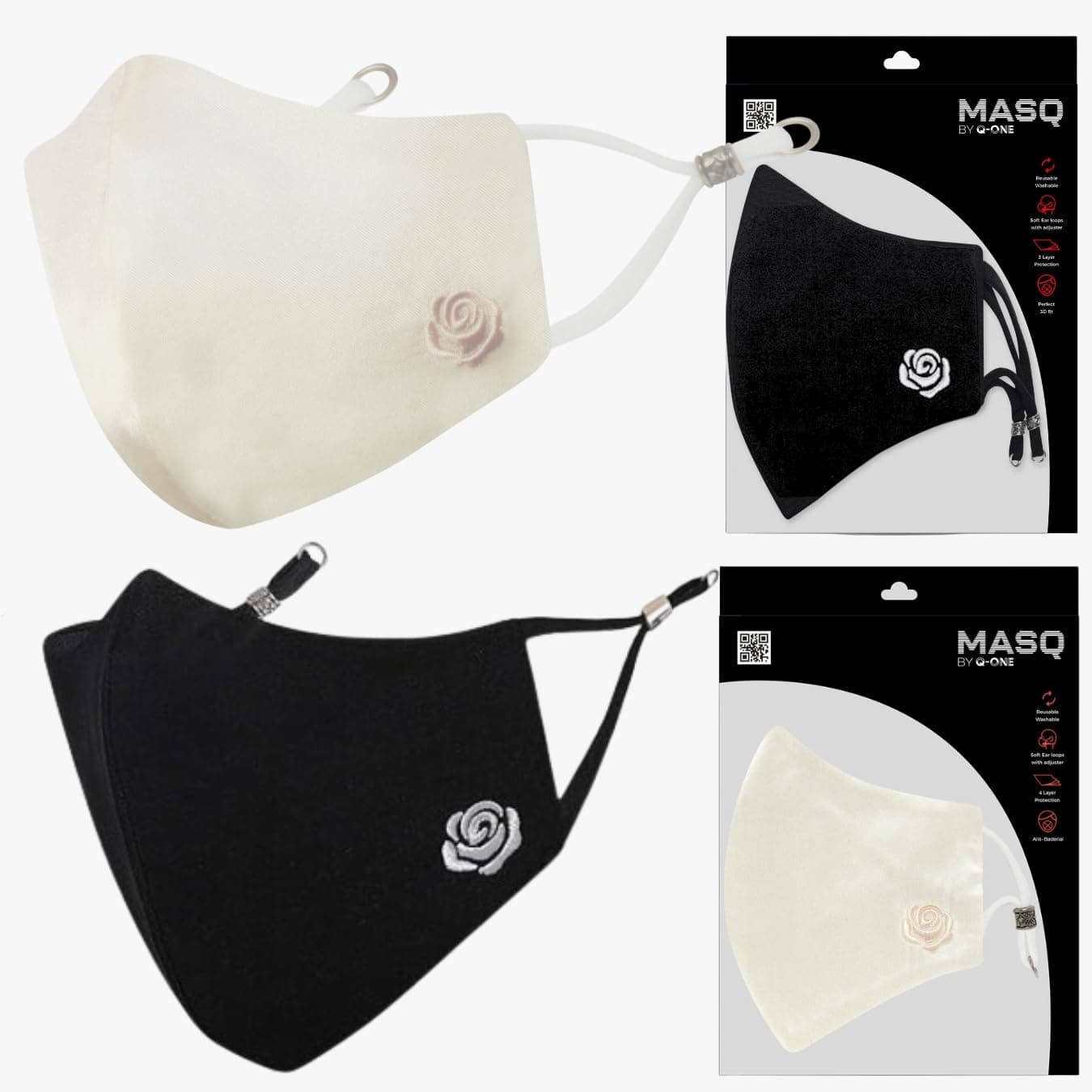 MASQ Rose 4 Layer, Anti-Pollution Reusable, Breathable, Anti-Bacterial (BFE>99%) Embroidered 100% Pure Cotton Cloth Face Mask Combo with Ear Adjusters for Women, Girls (Black & White, Pack of 2)