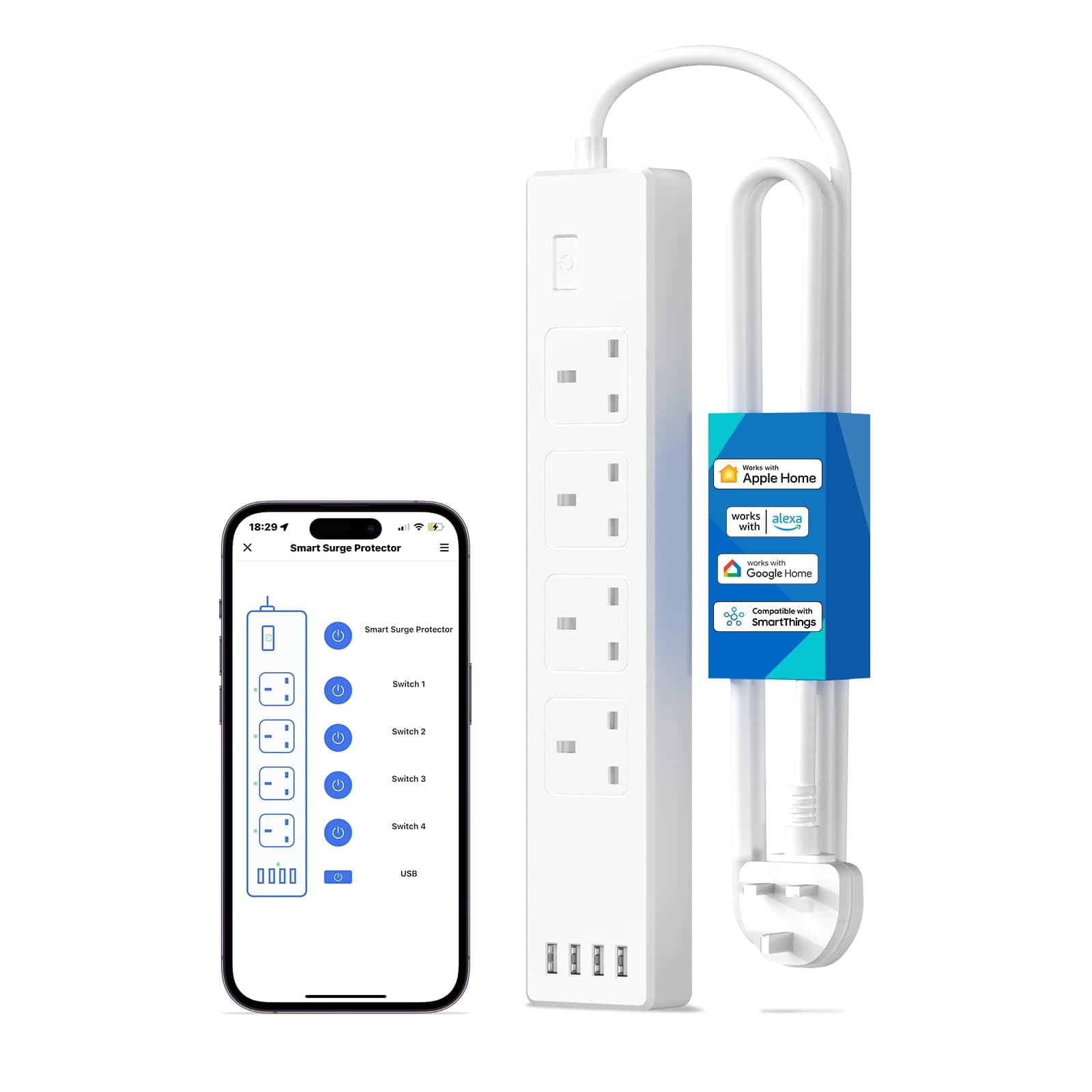 Smart Power Strip - Apple HomeKit, Alexa, Google Home Compatible - 4 AC Outlets, 4 USB Ports, Wi-Fi Surge Protector - White