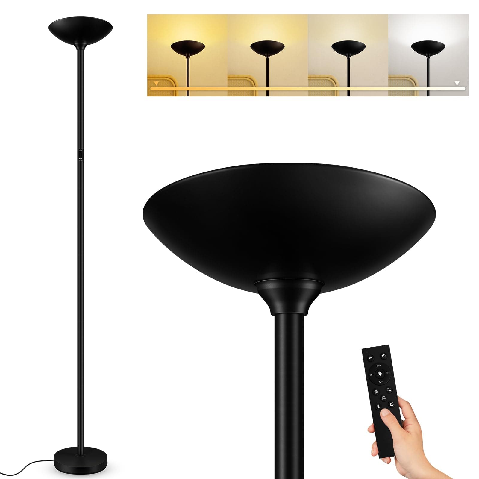 Stepless Dimmable Floor Lamp,30W 3000LM Super Bright LED Torchiere Floor Lamps with Remote & Touch Control,71 in Tall Modern Standing Lamp for Living Room Bedroom Office,2700k-6500k,Black