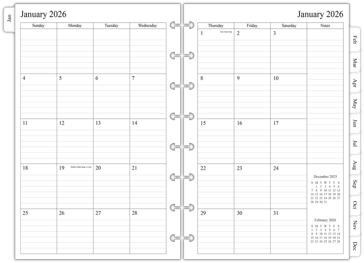 newestor 2026 Monthly Planner Refill for 8-Discbound Notebook, Two Pages Per Month, Jan 2026 to Dec 2026, Junior Size 5-1/2"x8-1/2"