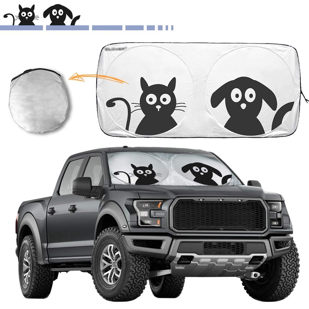 Window Shades for Car, 2win2buy Folding Windshield Sun Shade Silver Auto One Piece, Pop-up Design Car Sunshade. Reflective Silver Nylon Car Windshield Front Windscreen (Large Size Dog&Cat)