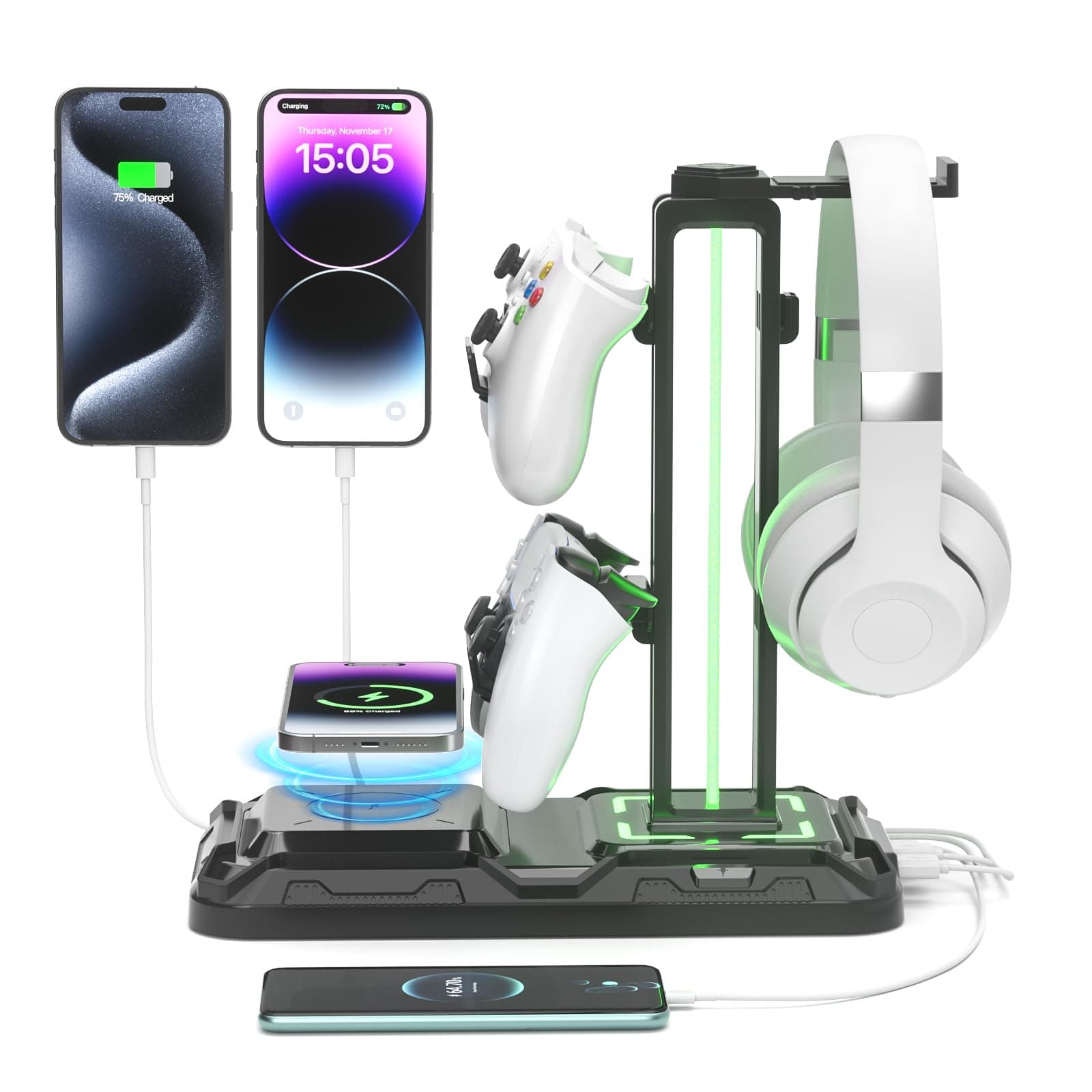KDD Headphone Stand - Rotatable Controller Holder with Wireless Charging & 9 Light Modes, Gaming Headset Stand with 2 USB and Type C Ports - Controller Stand for Gamers Desktop Accessories (Black)