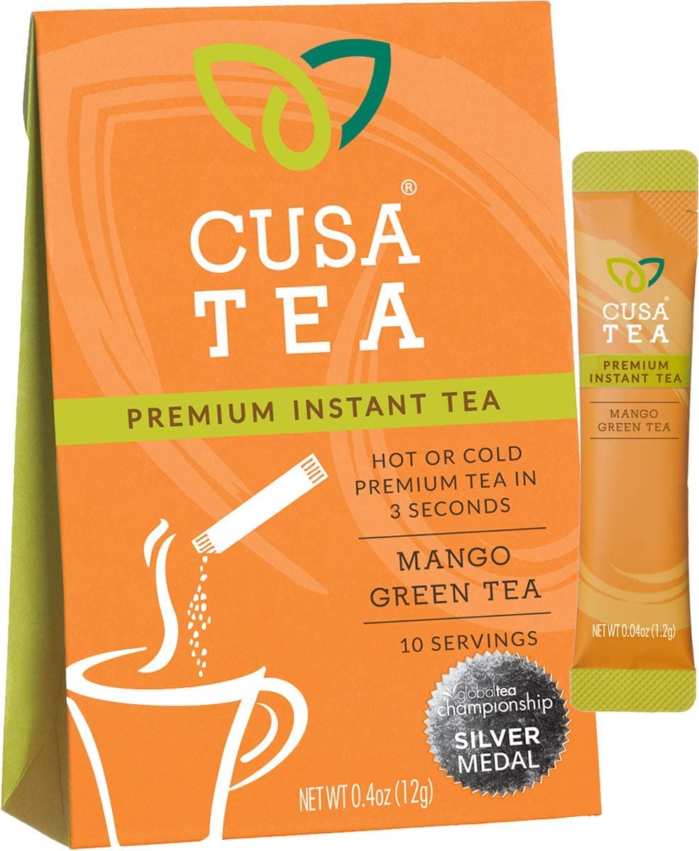Cusa Tea& Coffee | Premium Instant Mango Green Tea With Real Fruit & Spices | Organic Leaves Drink Mix Packets | Hot or Iced Tea (10 Single Servings)