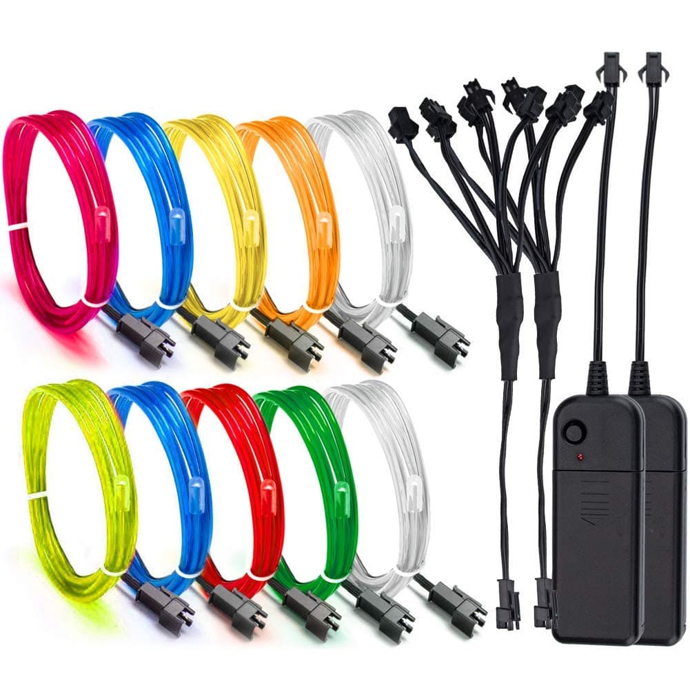 Aria EL Wire Neon Lights Kit 2 Pack 8 Colors with Battery Box for Parties, Blacklight Run, Easter, Halloween DIY Decoration, 5 by 1-Meter, Red Blue Green Pink White Lemon Green Yellow Orange (RGB)