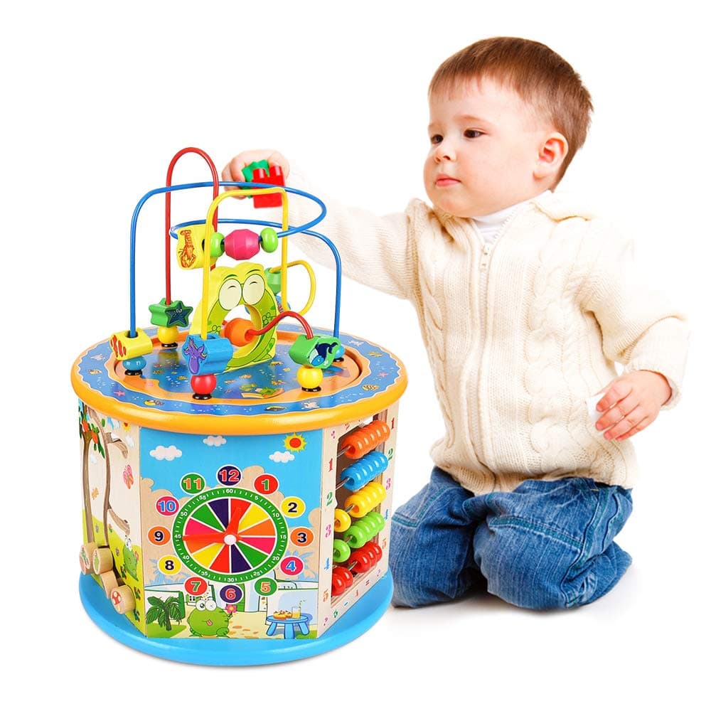 Ulmisfee Wooden Activity Cube 8 in 1 Learning Toys for 3+ Years Old Boys Girls Bead Maze Shape Sorter Educational Development Toy Gift for Kids