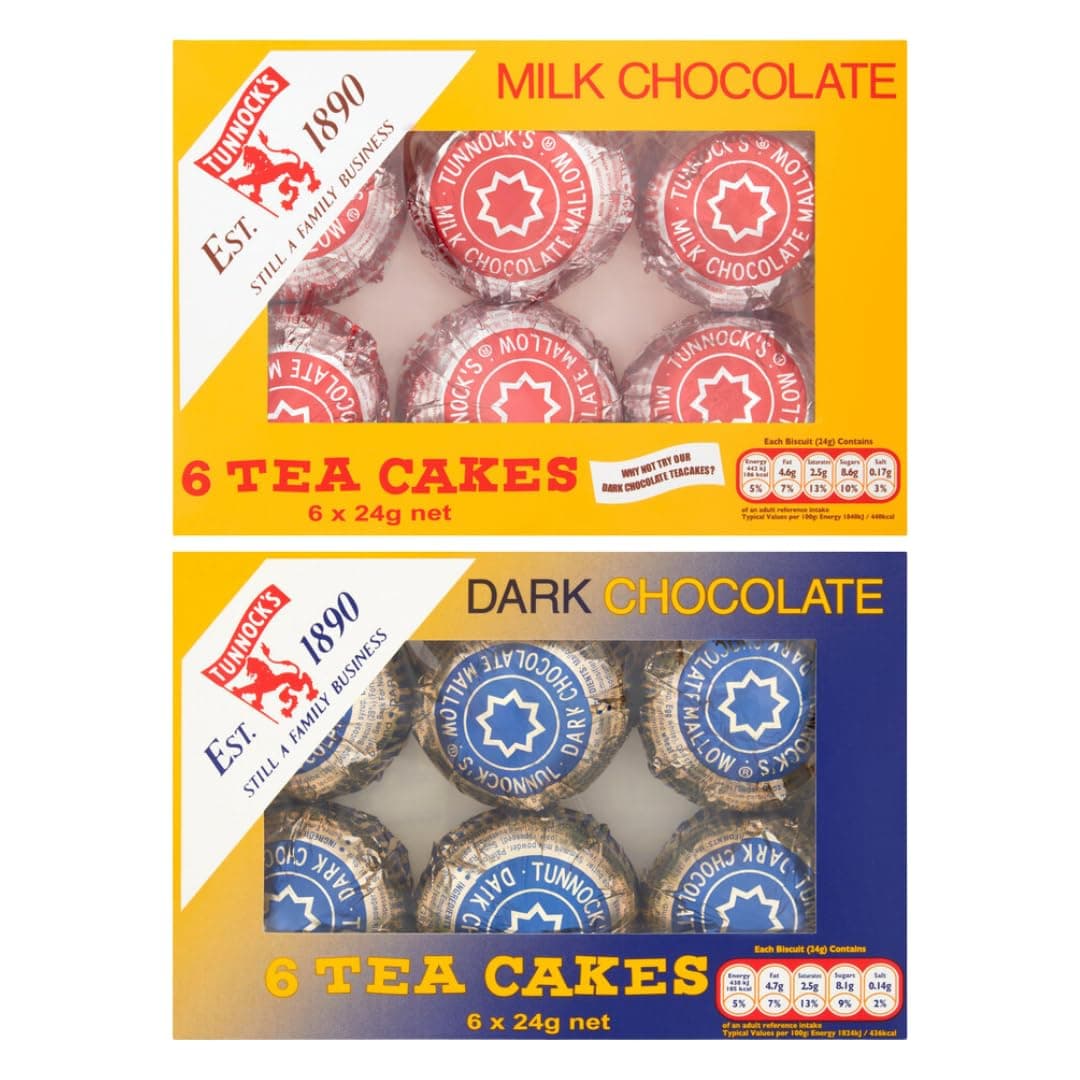 Scottish Tea Cake Bundle Containing Tunnock's Tea Cakes Milk Chocolate 6x24g & Dark Chocolate 6x24g (2 Pack)